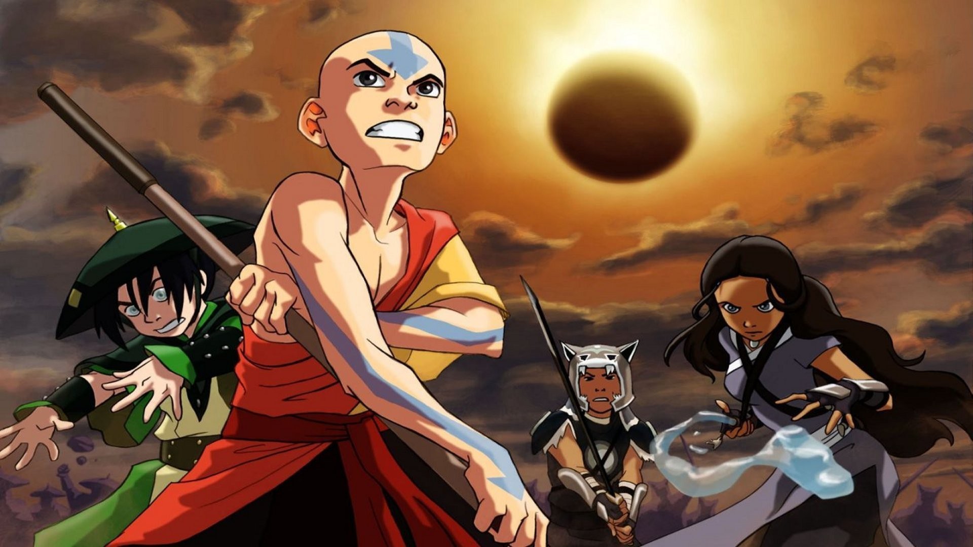 Anime 1920x1080 Avatar: The Last Airbender fantasy girl sky Sun bald Aang Katara Toph Beifong Sokka solar eclipse