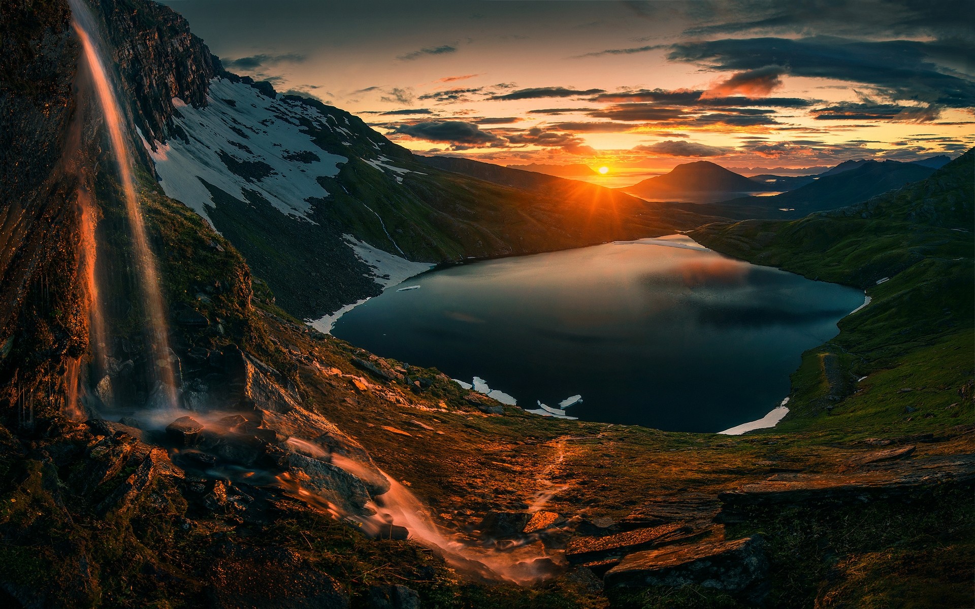 General 1920x1200 nature landscape sunset lake waterfall mountains sky clouds grass snow Max Rive Greenland sunlight water long exposure low light