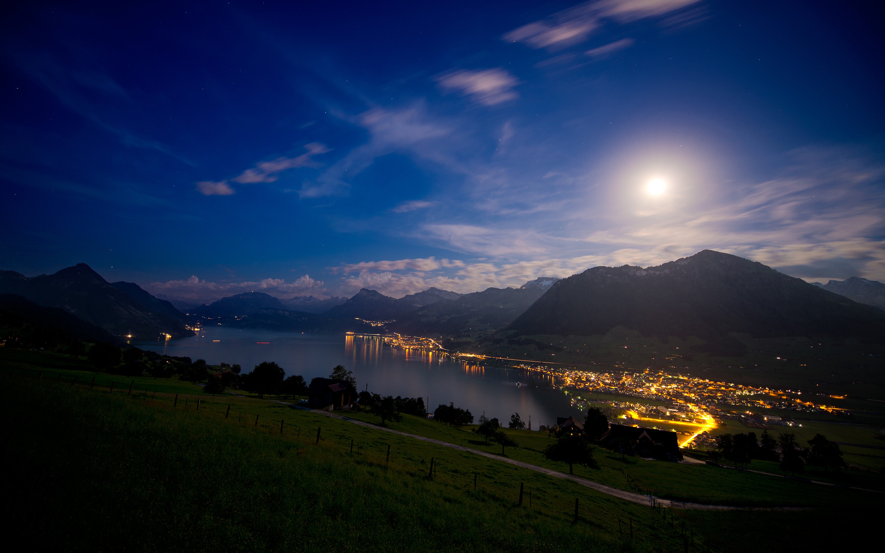 General 3360x2100 nature landscape lake city mountains lights Moon sky clouds grass Switzerland stars night low light