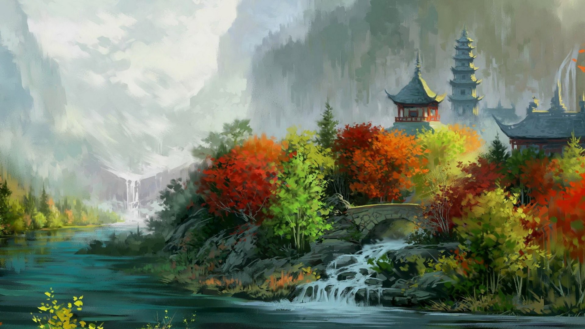 General 1920x1080 artwork painting digital art Asian architecture house tower nature landscape river bridge waterfall trees forest valley mountains fall leaves