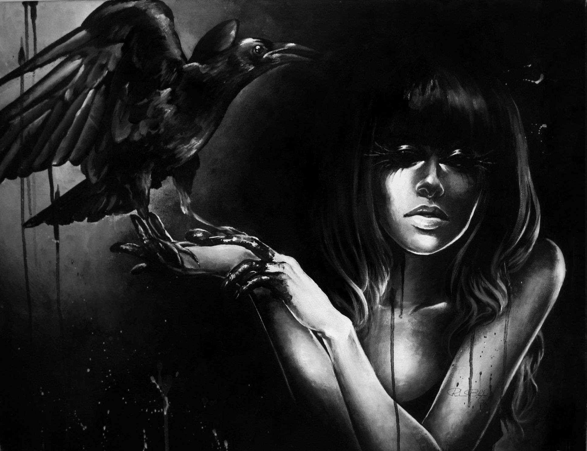 General 1932x1484 artwork fantasy art fantasy girl birds rave monochrome dark women face blood animals