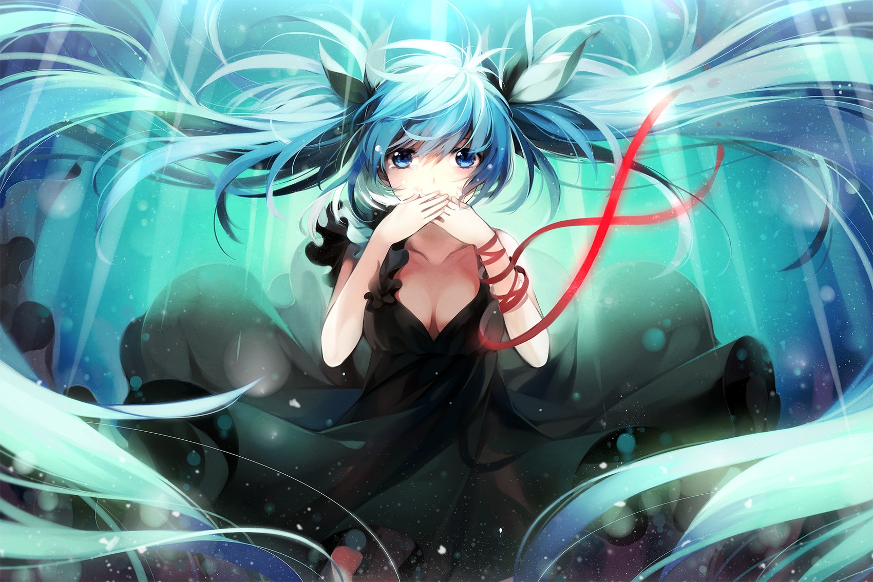 Anime 1700x1134 Vocaloid Hatsune Miku long hair twintails crying ribbon black dress underwater anime girls anime boobs cleavage dress blue hair looking at viewer hand on face
