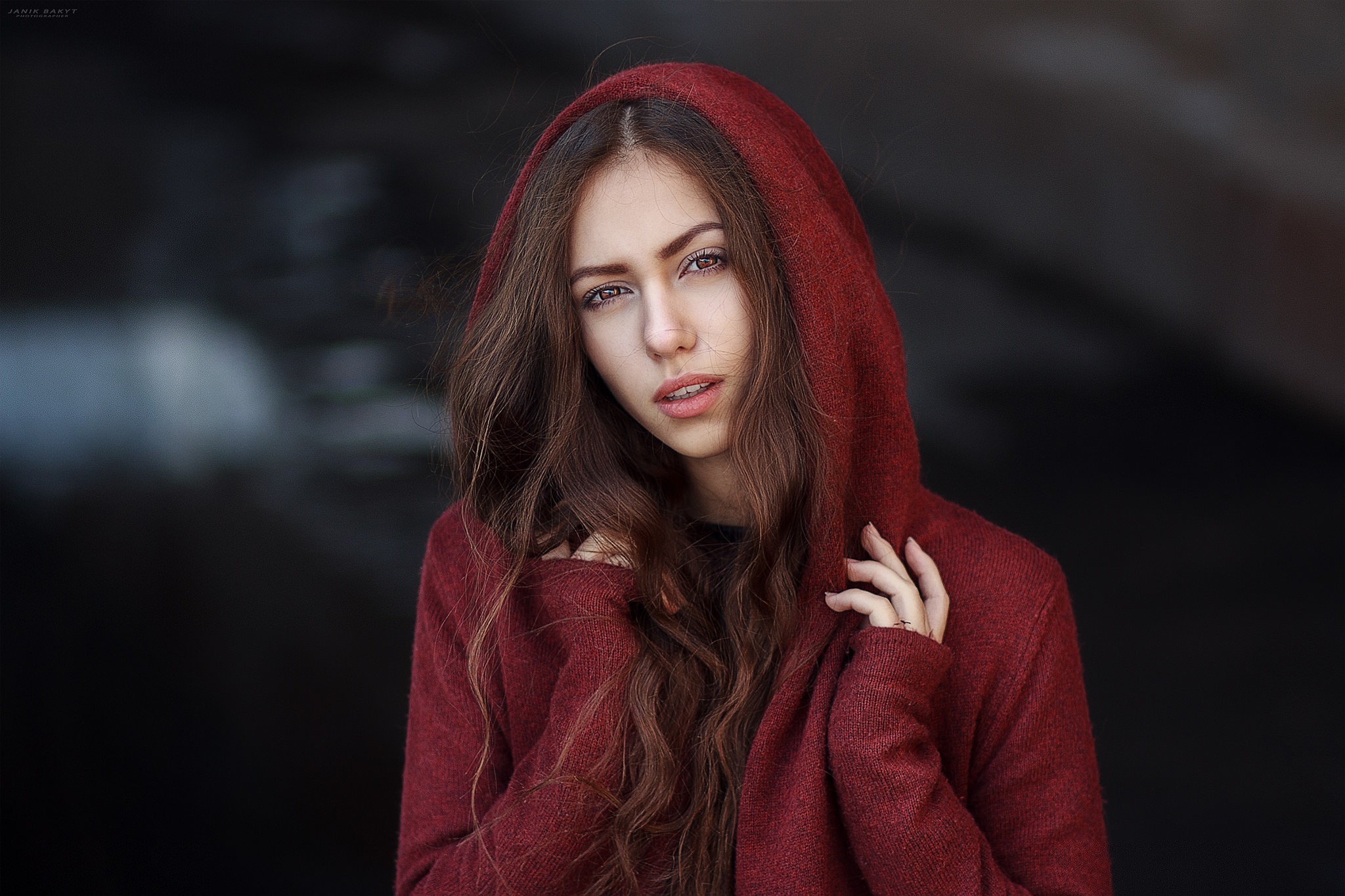 People 2048x1365 women hoods face portrait parted lips red sweater sweater red clothing brunette looking at viewer model long hair Janik Bakyt