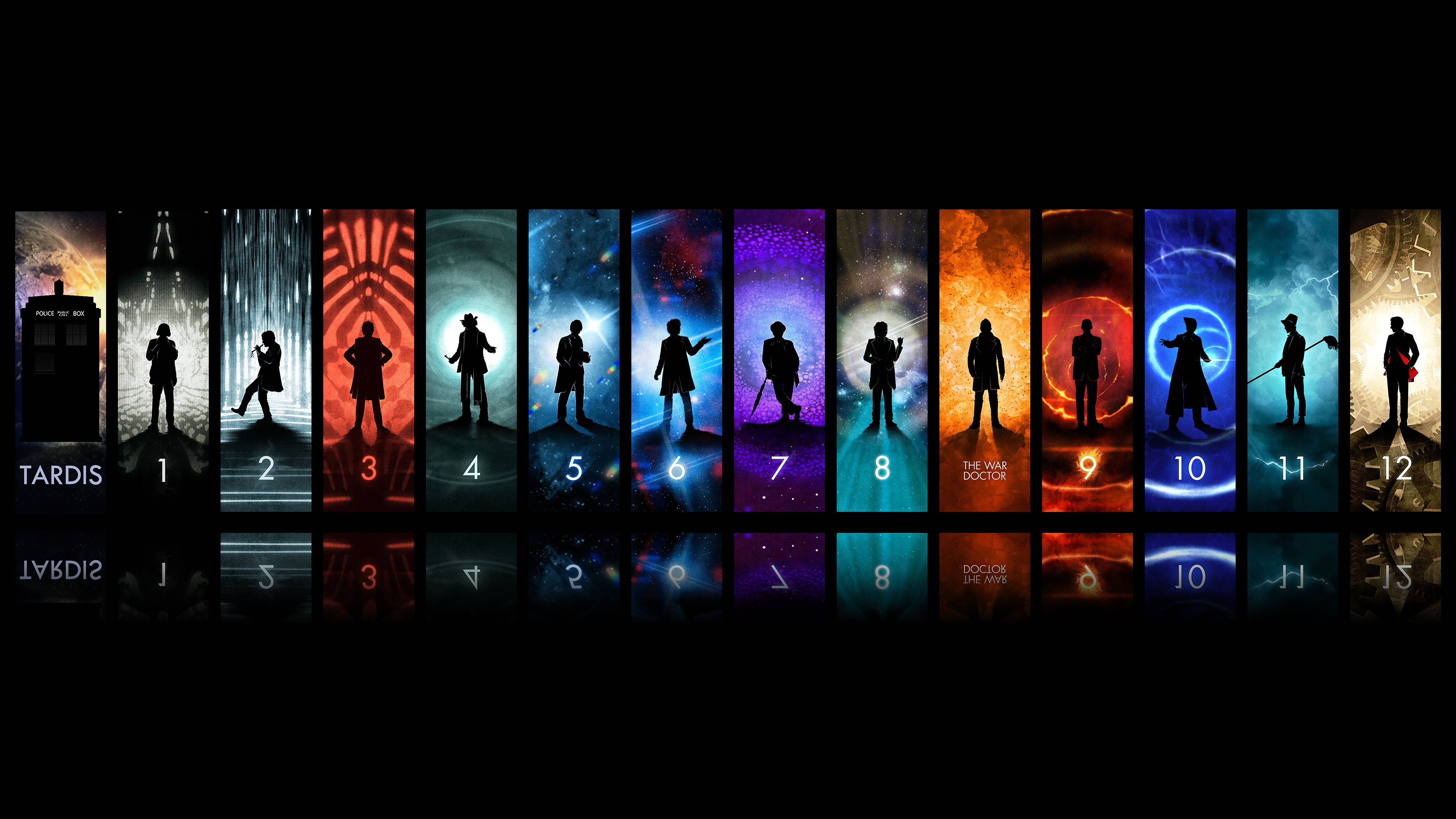 General 3840x2160 Doctor Who simple background time travel TV series science fiction numbers collage panels black background Tenth Doctor TARDIS