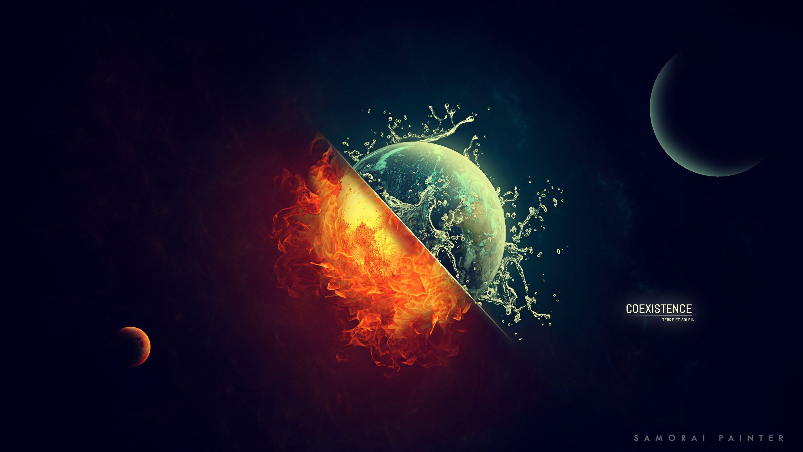 General 2560x1440 digital art space universe planet Sun Moon Earth fire burning water splashes coexist ice
