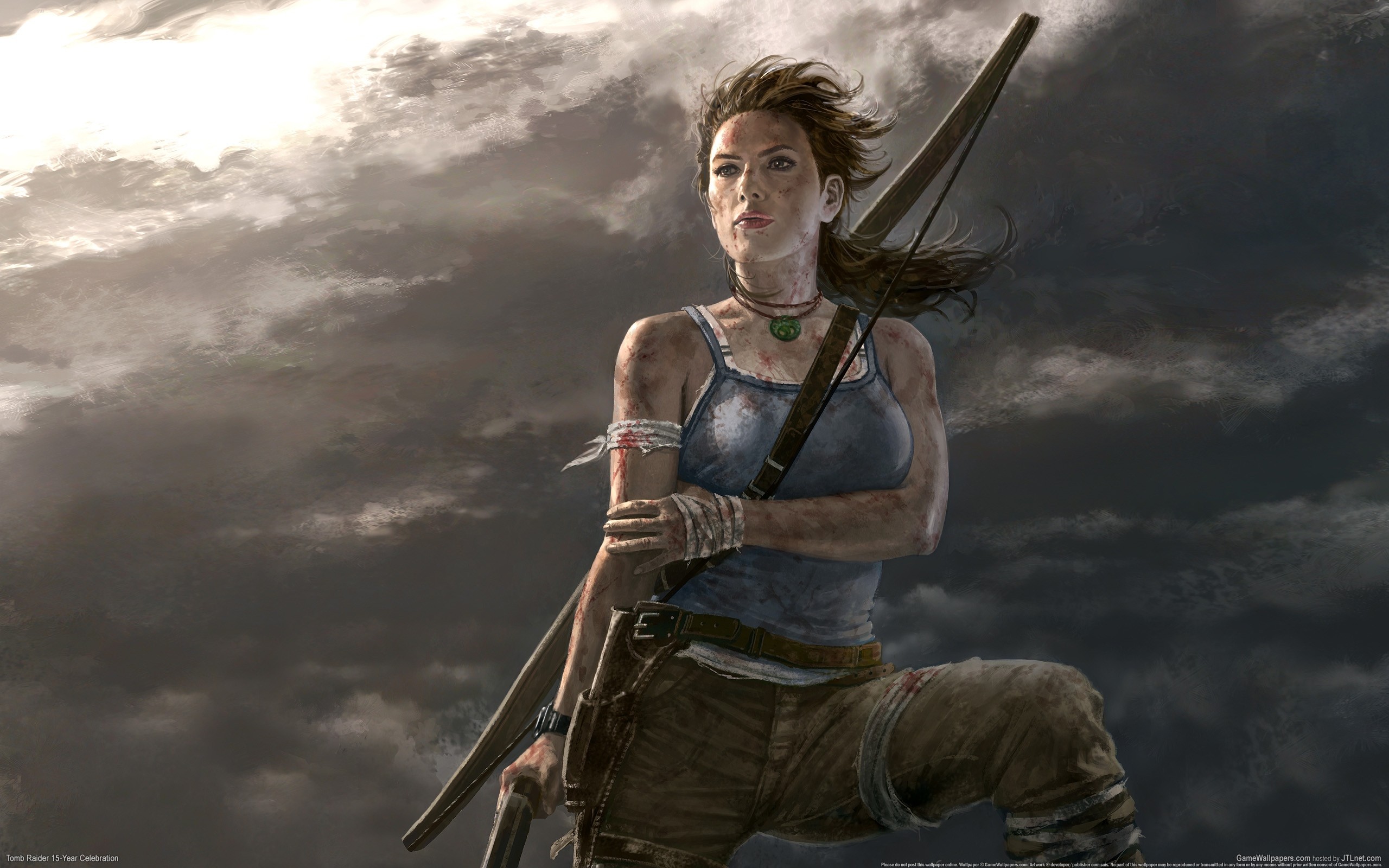 General 2560x1600 video games video game characters video game girls Tomb Raider fan art artwork PC gaming video game art blood wounds bow gun necklace brunette Lara Croft (Tomb Raider) Tomb Raider: 15-Year Celebration