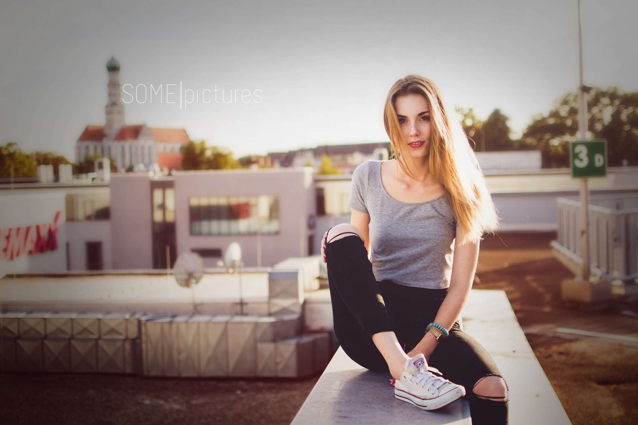 People 2048x1365 women blonde pants sneakers sitting portrait looking at viewer rooftops red lipstick grey t-shirt long hair women outdoors urban numbers