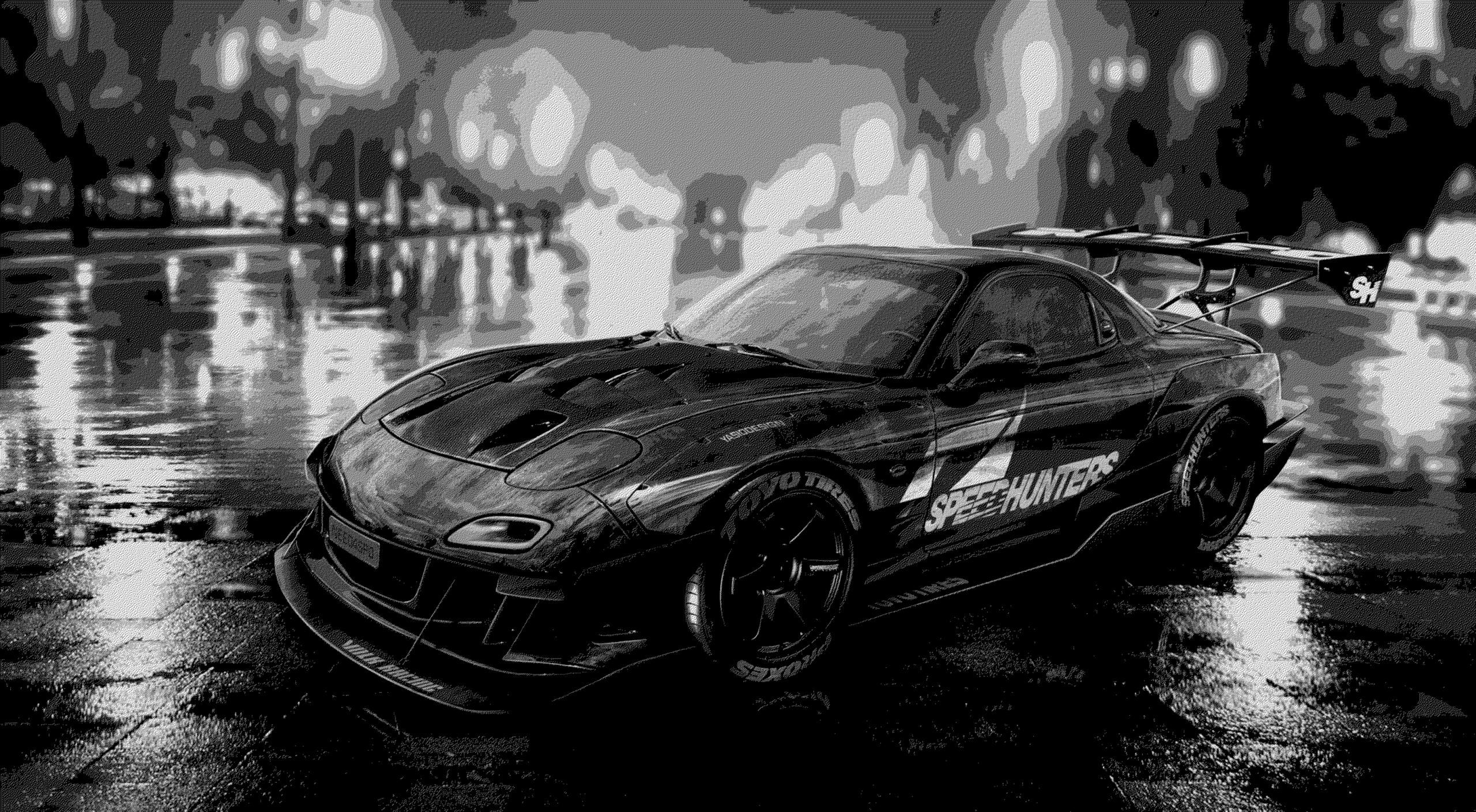 General 2560x1409 car monochrome black gray Mazda RX-7 Mazda vehicle Speedhunters bodykit car spoiler Japanese cars