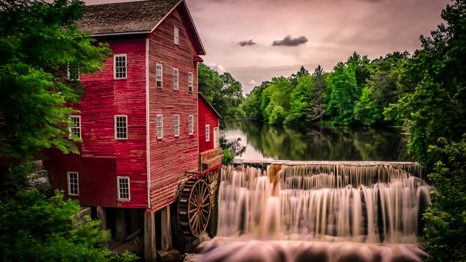General 1920x1080 nature landscape architecture building water trees mill house old building lake clouds waterfall forest long exposure reflection river