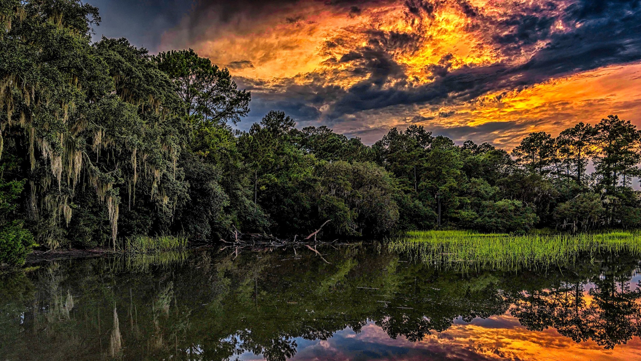 General 2200x1238 nature landscape sunset HDR river reflection summer South Carolina clouds forest sky water trees foliage reeds USA