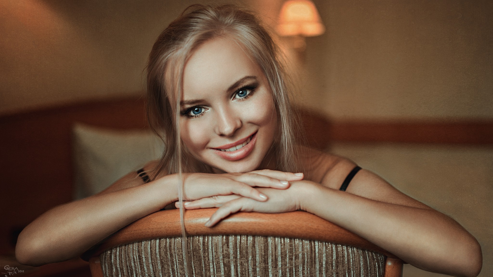 People 2048x1152 women blonde smiling face portrait Georgy Chernyadyev Victoria Pichkurova women indoors indoors looking at viewer blue eyes 2015 (Year) watermarked closeup