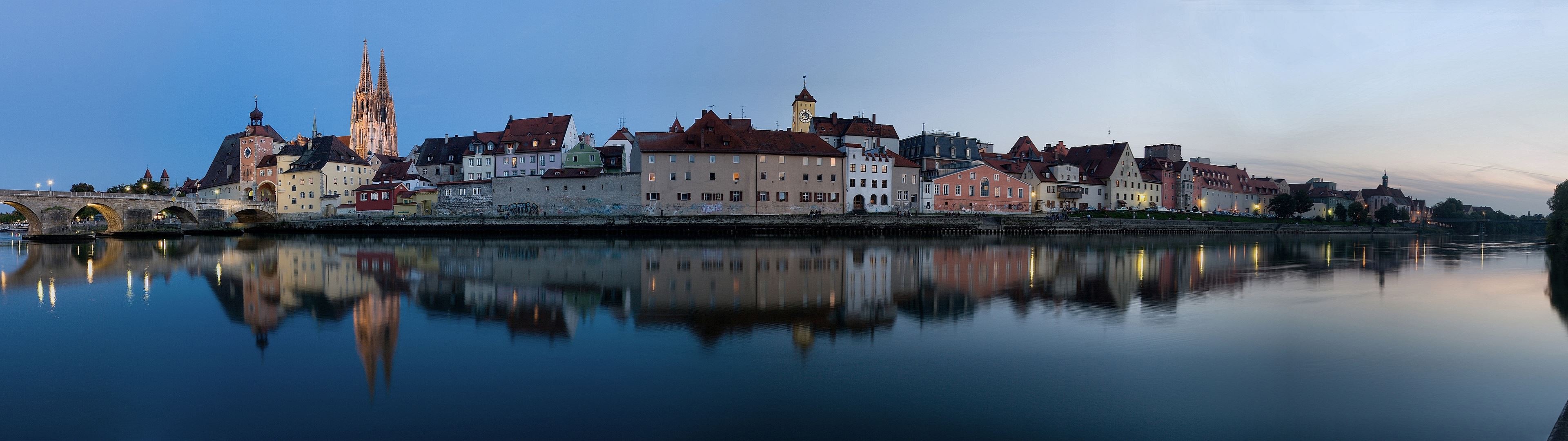 General 3840x1080 Regensburg Germany city reflection river sunset multiple display dual monitors
