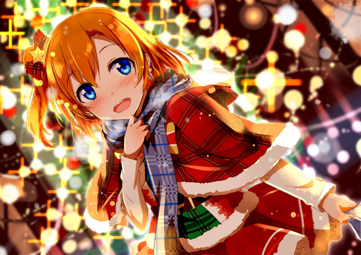 Anime 1416x1002 anime anime girls Love Live! Christmas Kousaka Honoka open mouth holiday scarf redhead plaid clothing