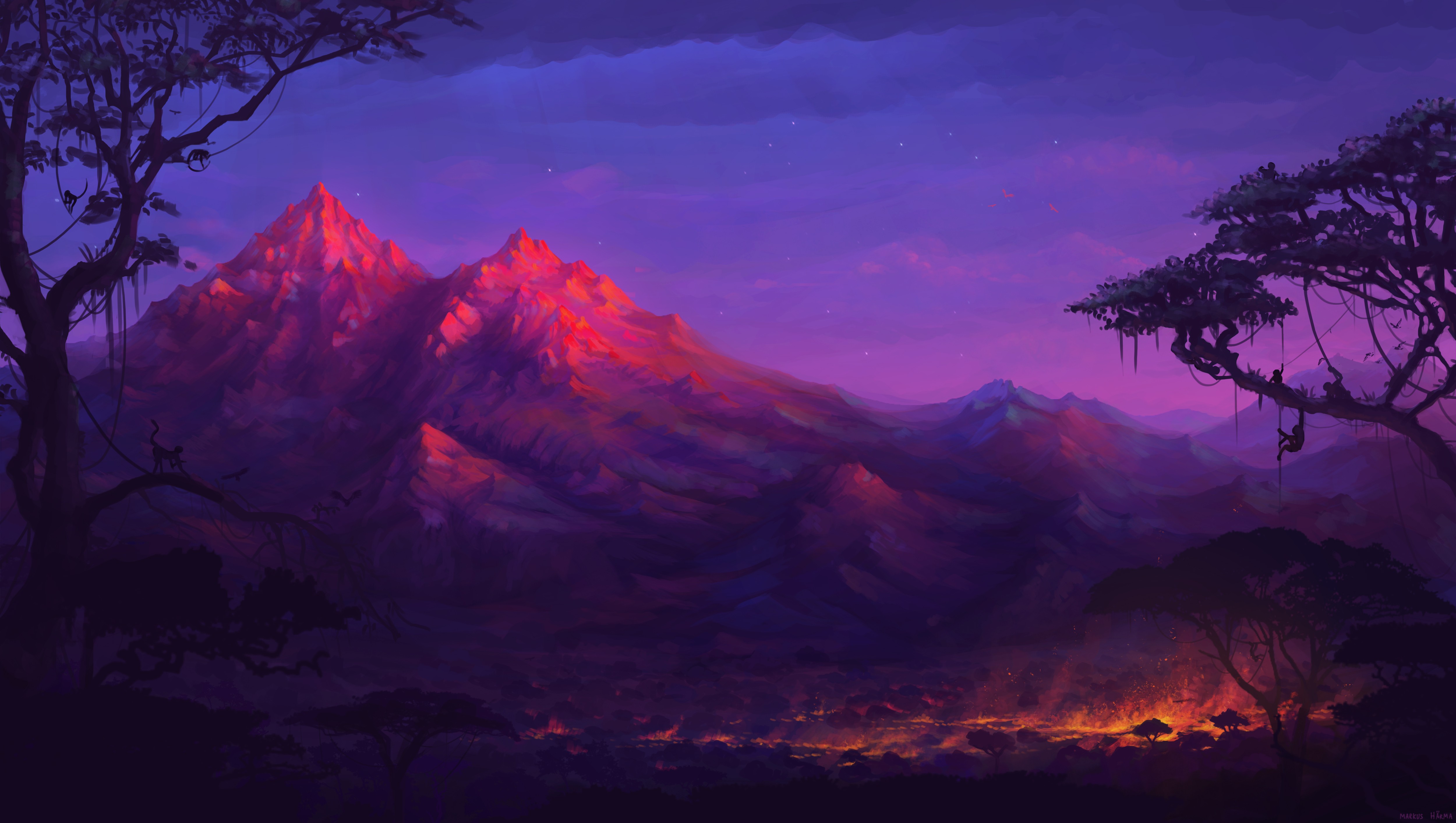 General 5000x2828 artwork fantasy art mountains colorful monkey night trees fire landscape