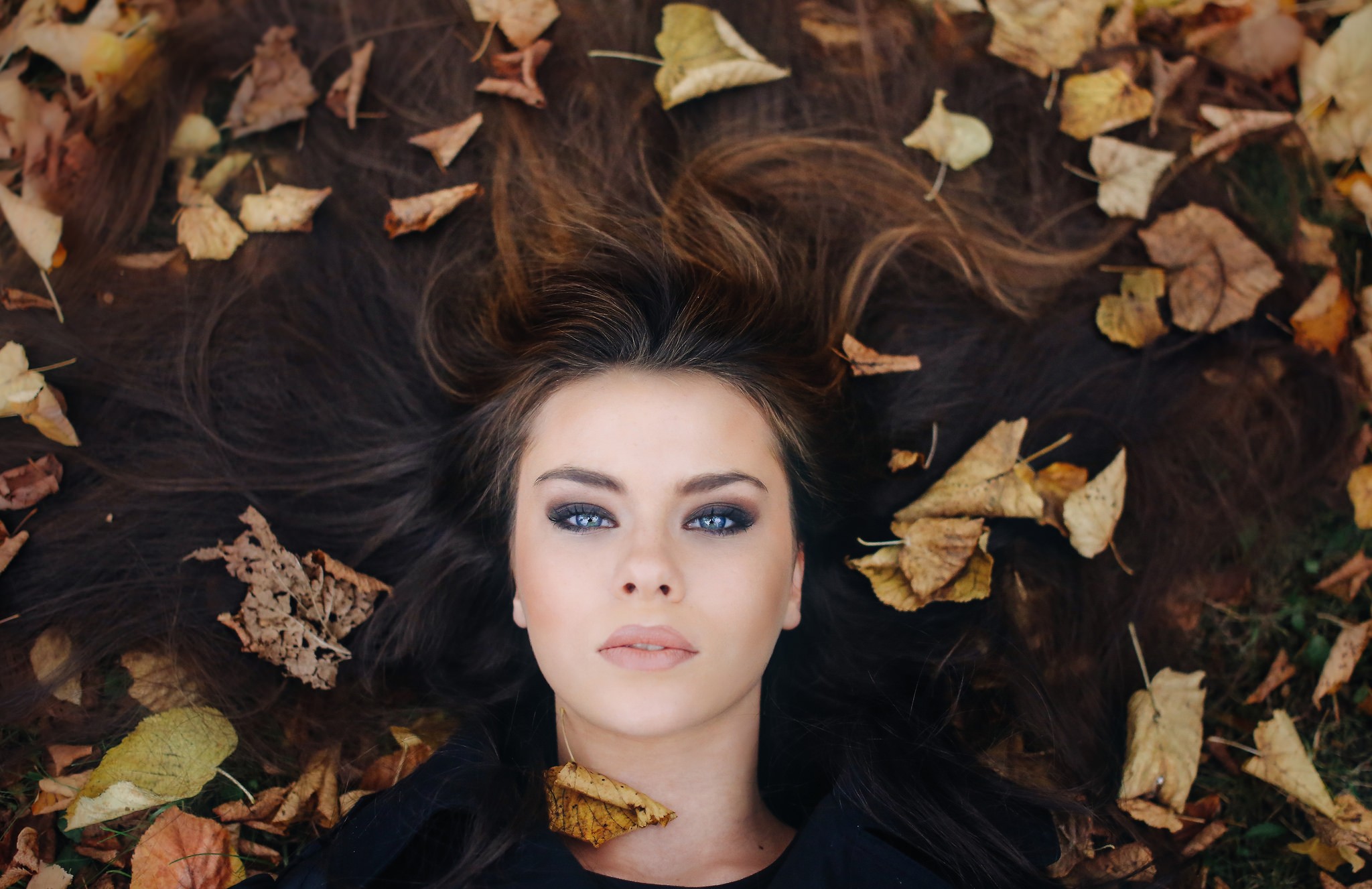 People 2048x1327 women face portrait leaves David Olkarny Tiziana Di Garbo brunette blue eyes looking up fall makeup looking at viewer long hair dyed hair women outdoors outdoors