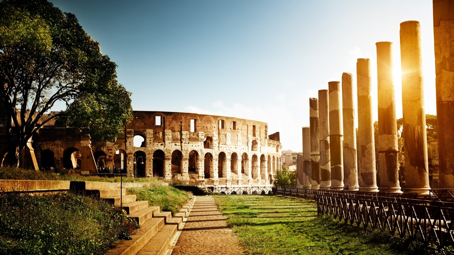 General 1920x1080 architecture trees Sun pillar stone Colosseum Rome Italy capital stairs sunlight path field grass arena arch building monuments