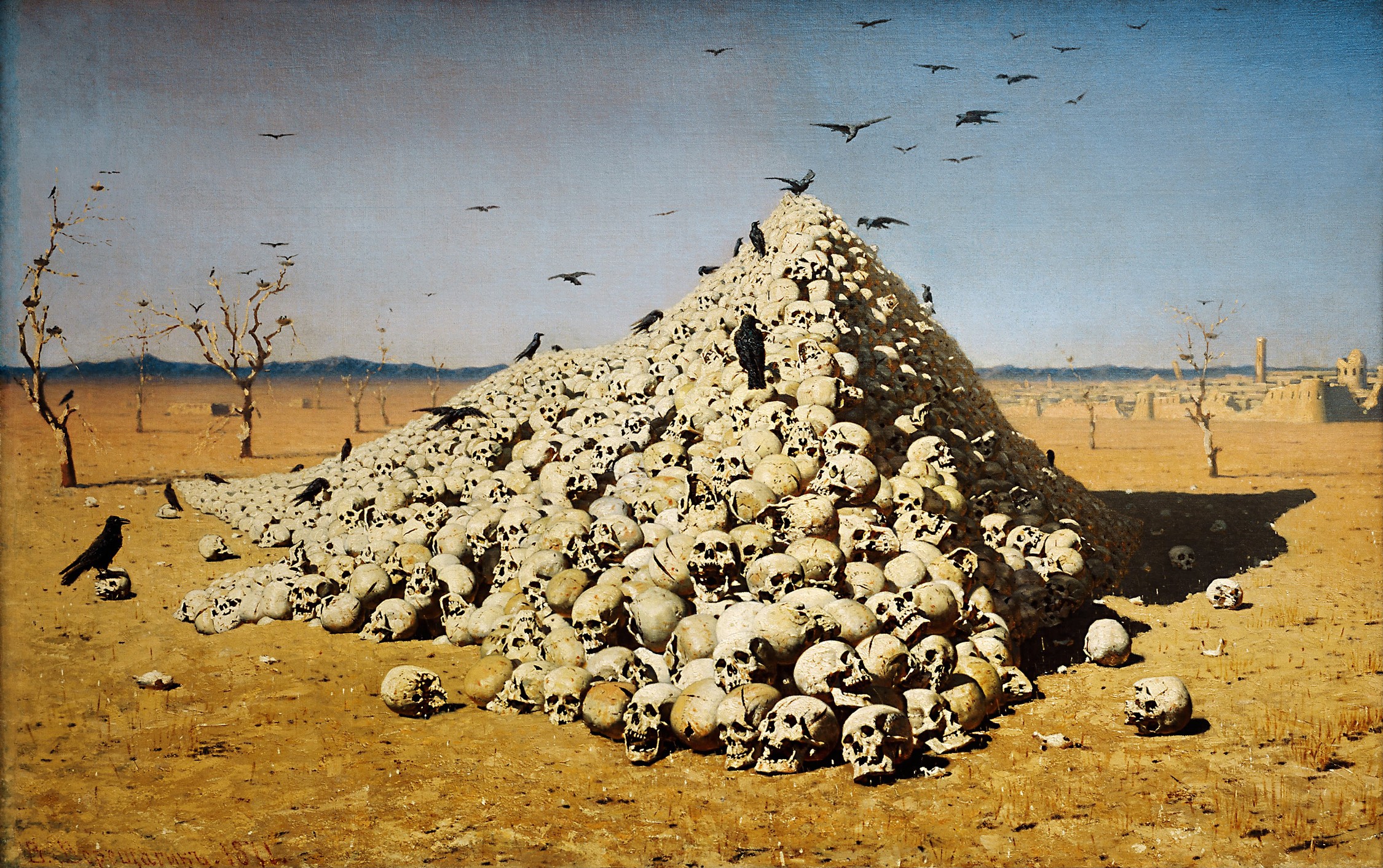 General 2250x1412 skull death artwork bones Vasily Vereshchagin sky The Apotheosis of War classic art painting birds