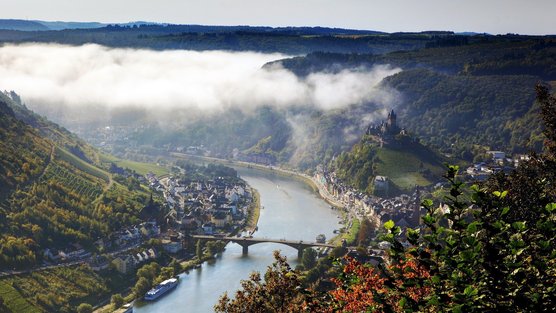 General 1920x1080 river bridge Germany town nature landscape hills mountains valley house church castle trees forest mist leaves vineyard ship aerial view