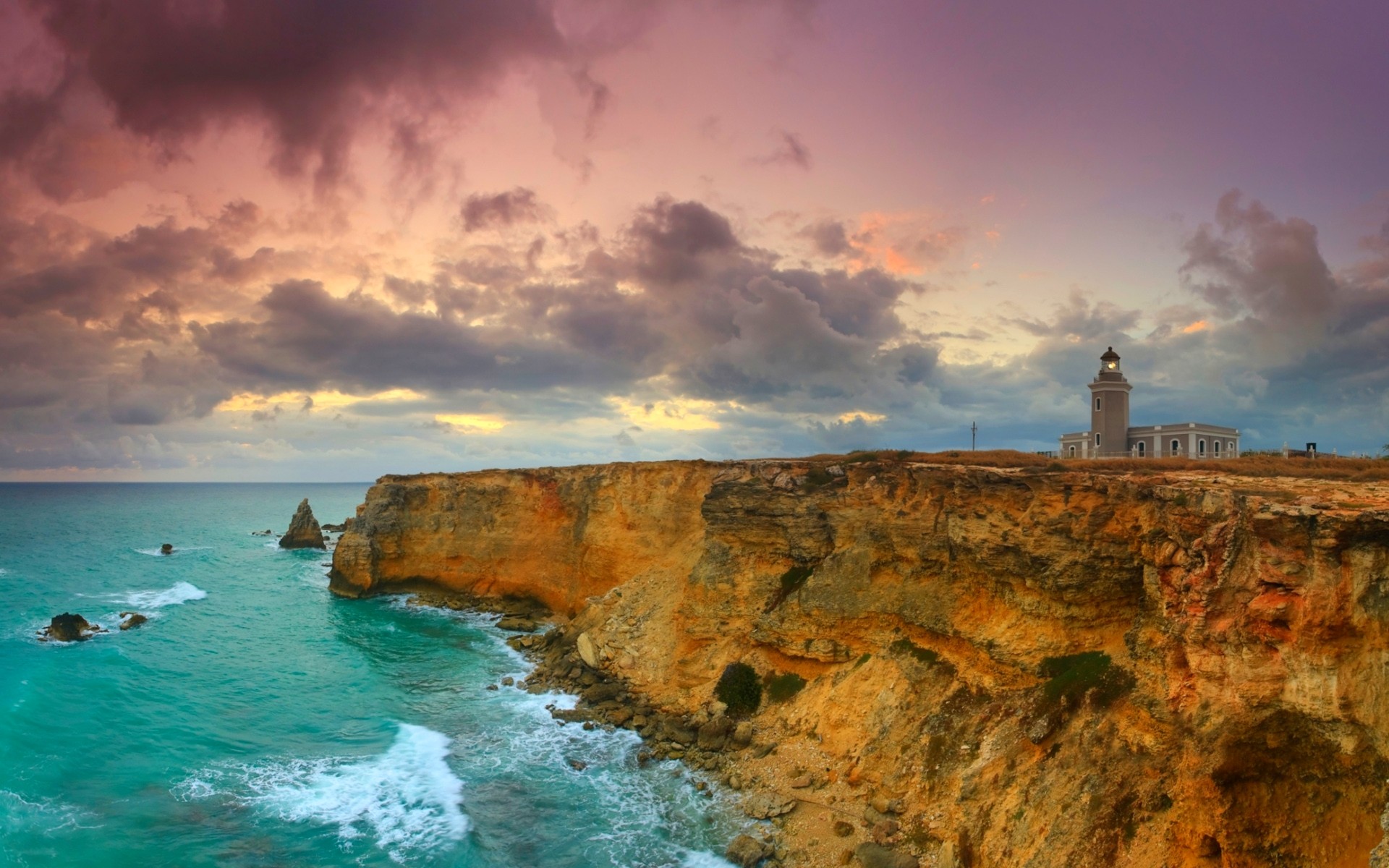 General 1920x1200 lighthouse cliff sea rocks clouds sunset Puerto Rico island Caribbean nature landscape