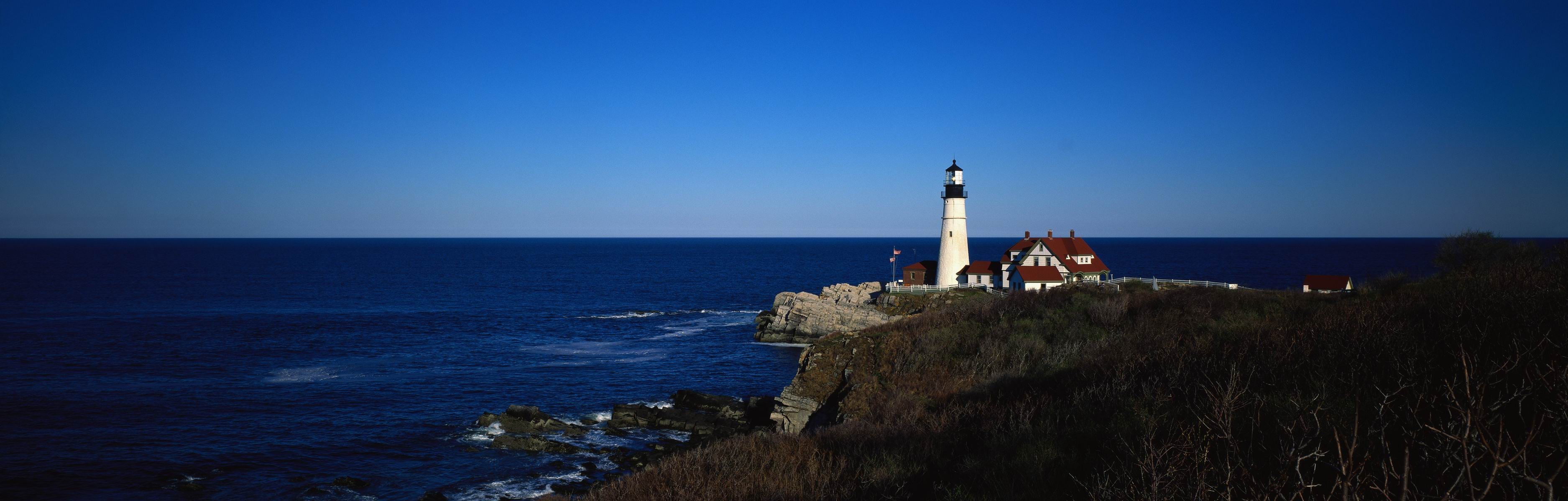 General 3750x1200 landscape lighthouse sea coast horizon dual monitors sky outdoors