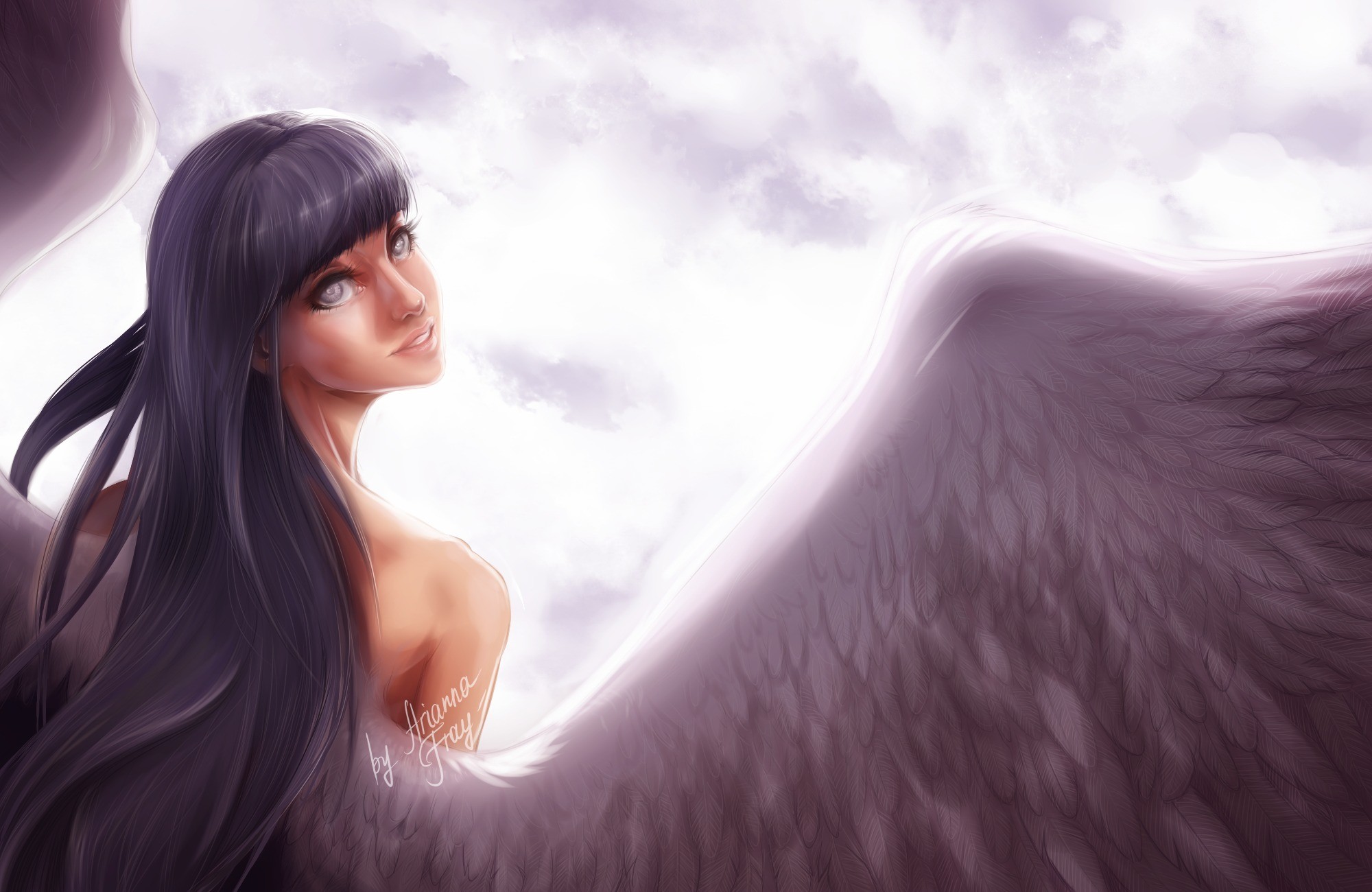 General 2000x1300 angel fantasy art artwork wings women fantasy girl long hair looking over shoulder smiling white background digital art signature