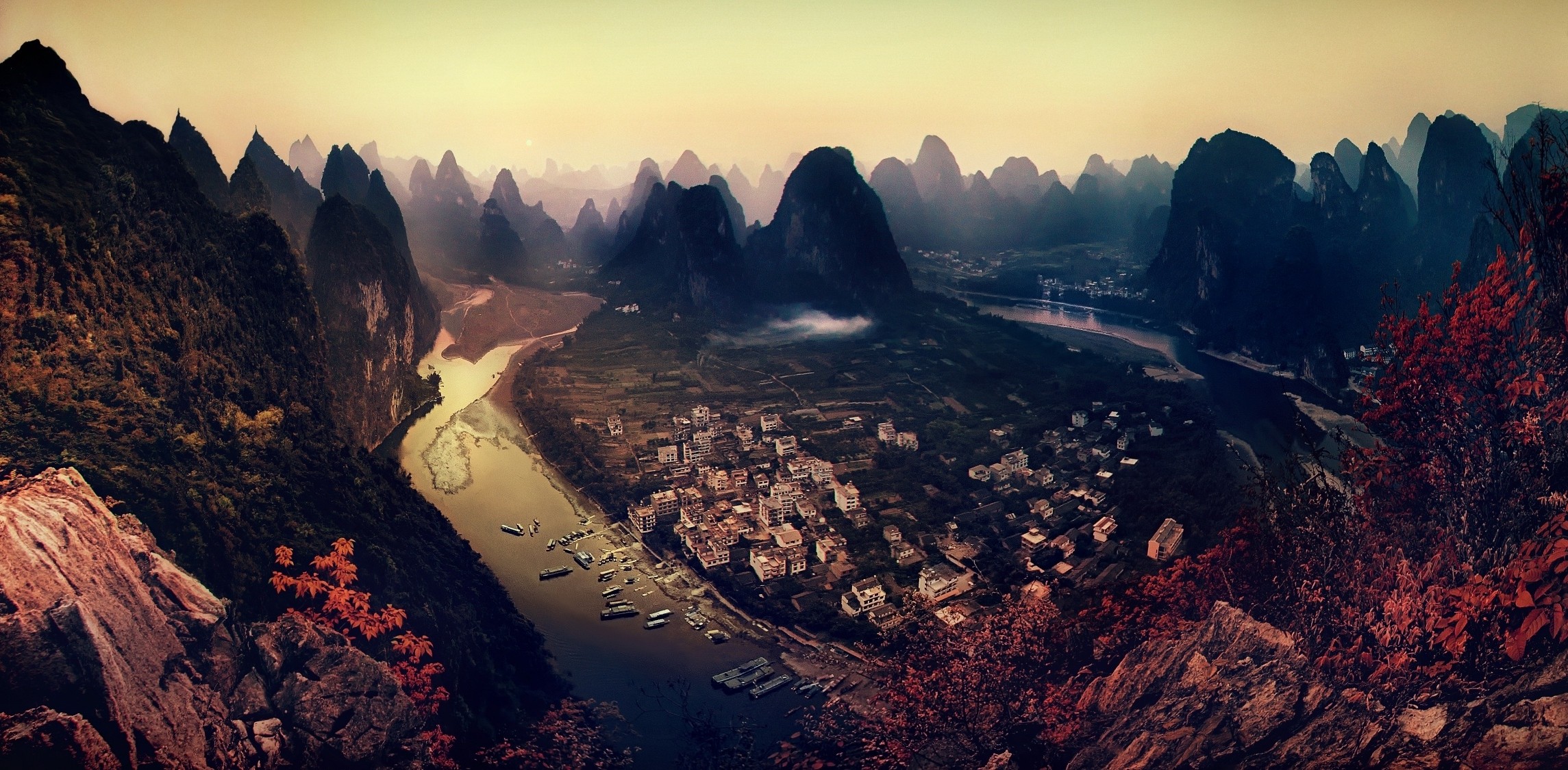 General 2289x1125 mountains cityscape river fall field forest mist sunset China building nature panorama landscape Asia
