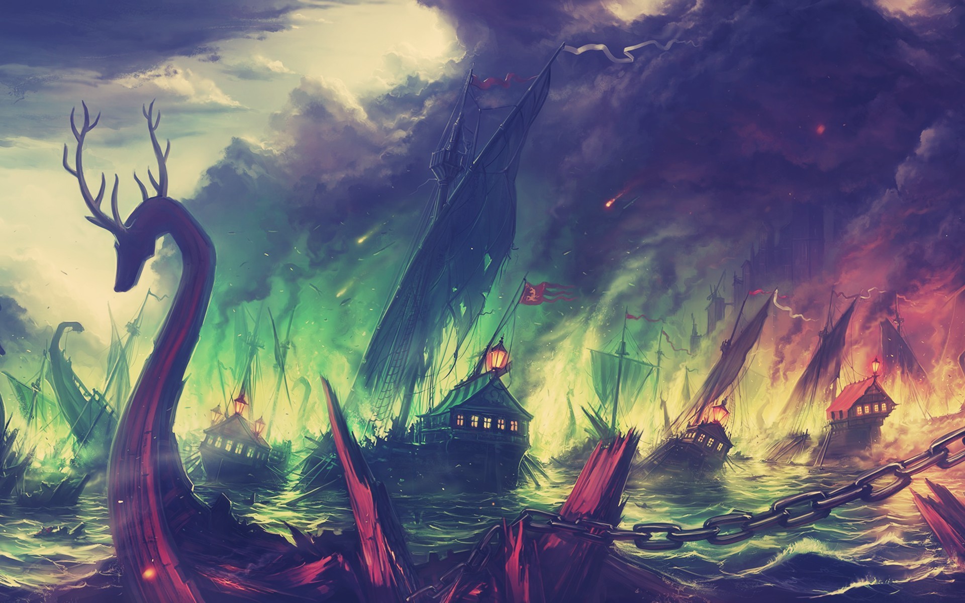 General 1920x1200 Game of Thrones ship artwork battle fantasy art Blackwater fire boat colorful mountains landscape fall House Baratheon TV series shipwreck