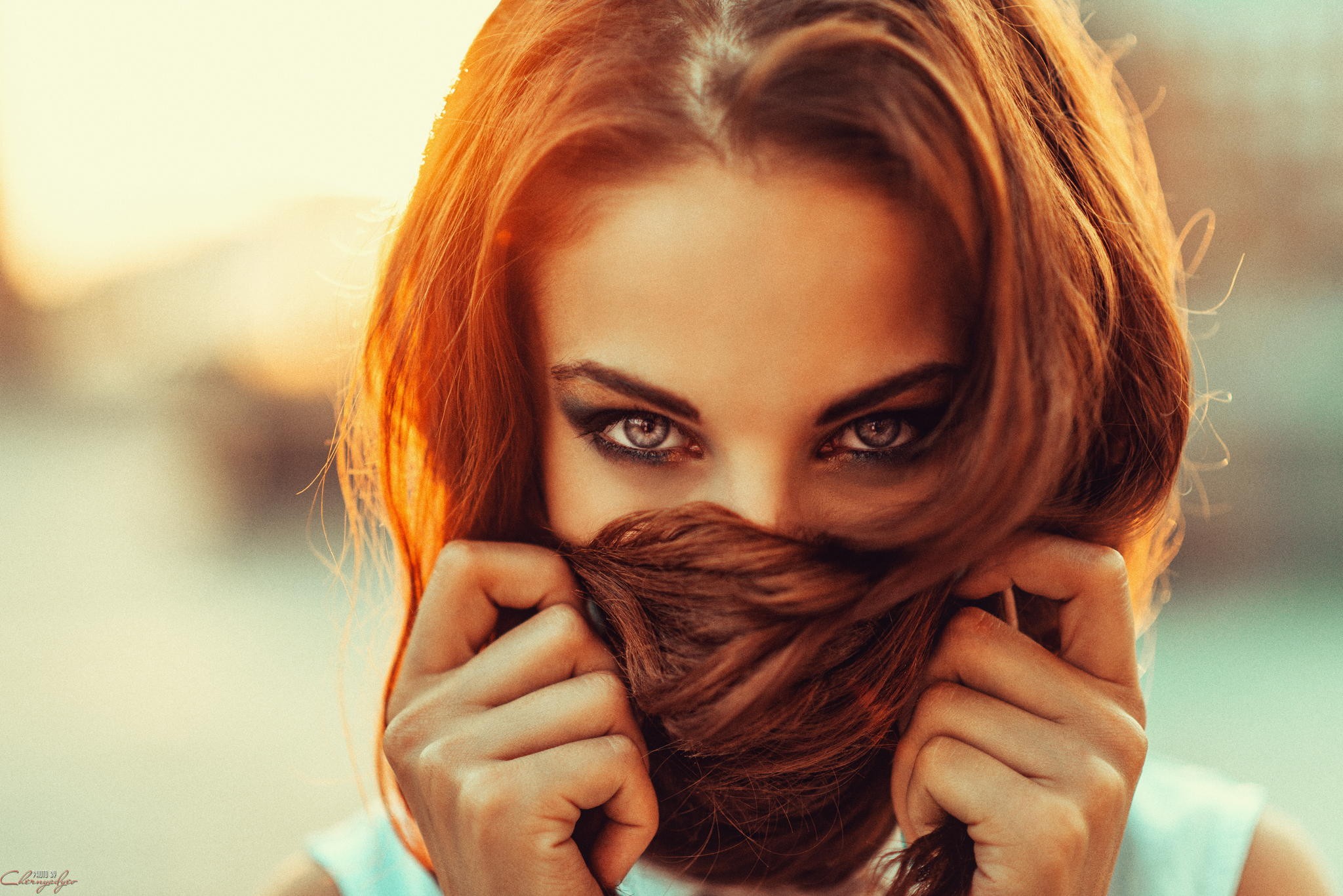People 2048x1367 Alla Berger women redhead portrait eyeliner smoky eyes long hair covered face Georgy Chernyadyev face women outdoors outdoors makeup looking at viewer hair in face Russian women closeup watermarked covering mouth model brunette sunlight eyes warm colors