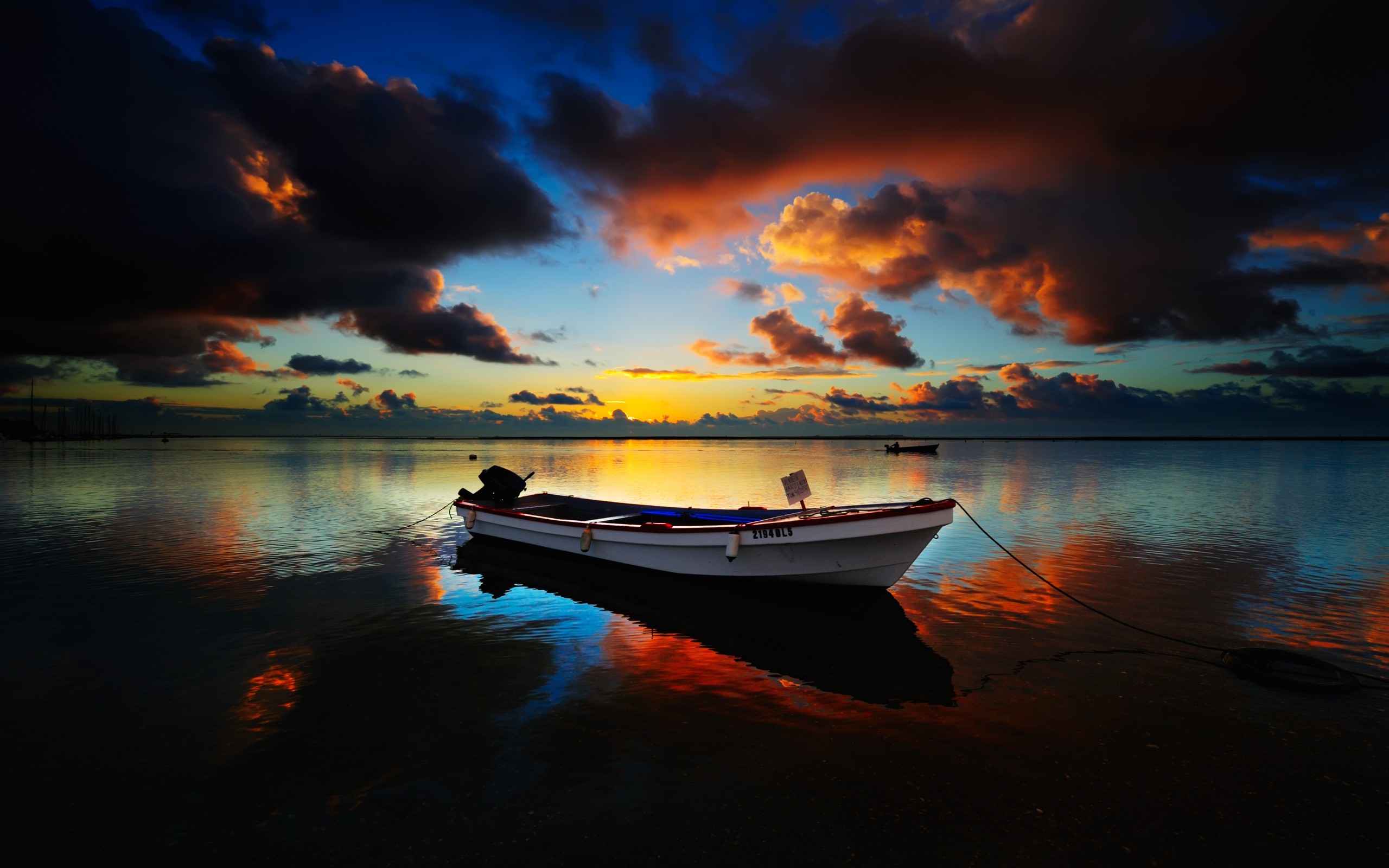 General 2560x1600 landscape nature boat sunset calm clouds horizon sky reflection orange water vehicle