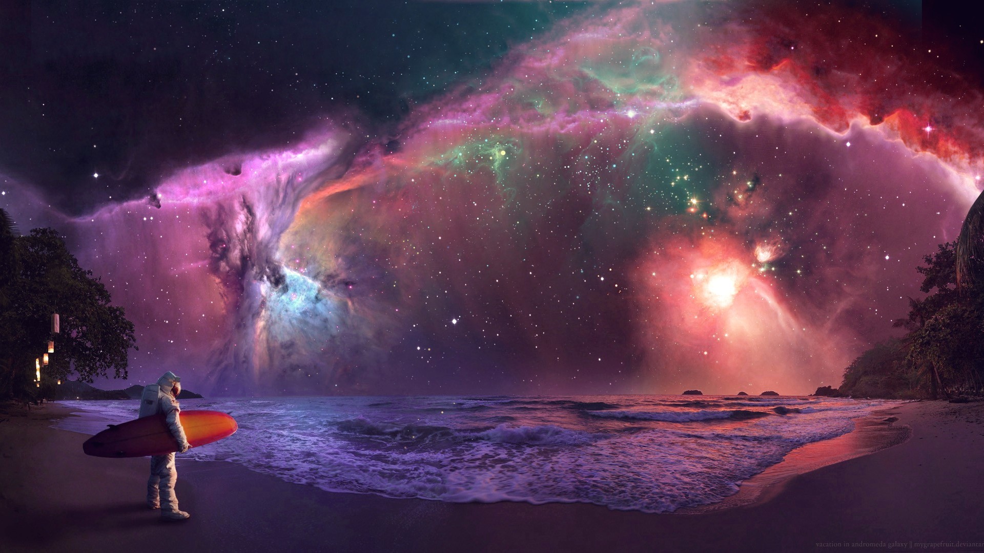 General 1920x1080 space astronaut surfers abstract surfing stars nebula science fiction photo manipulation digital art space art artwork beach sea sky colorful