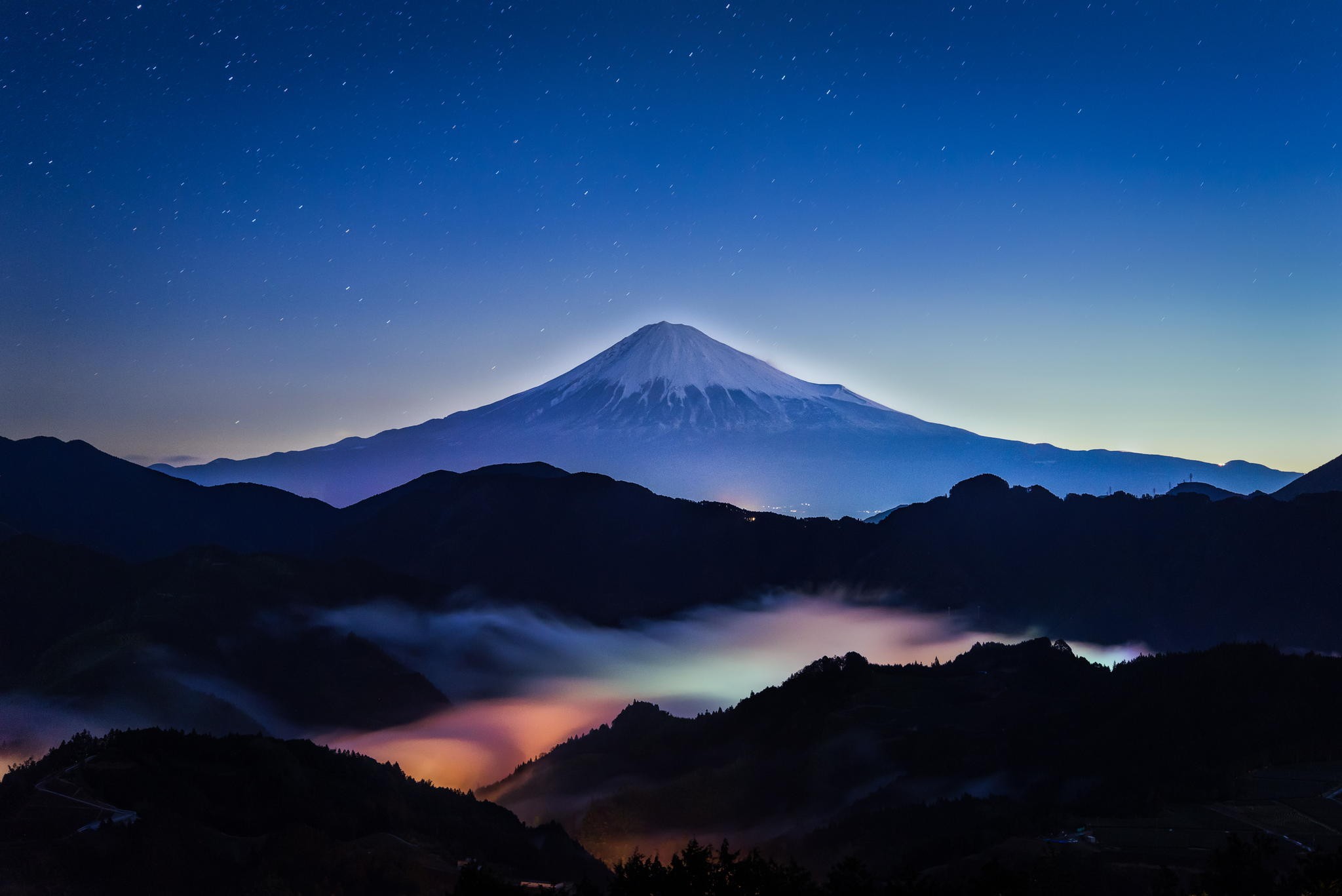 General 2048x1367 nature landscape Japan mountains Mount Fuji night blue Asia volcano