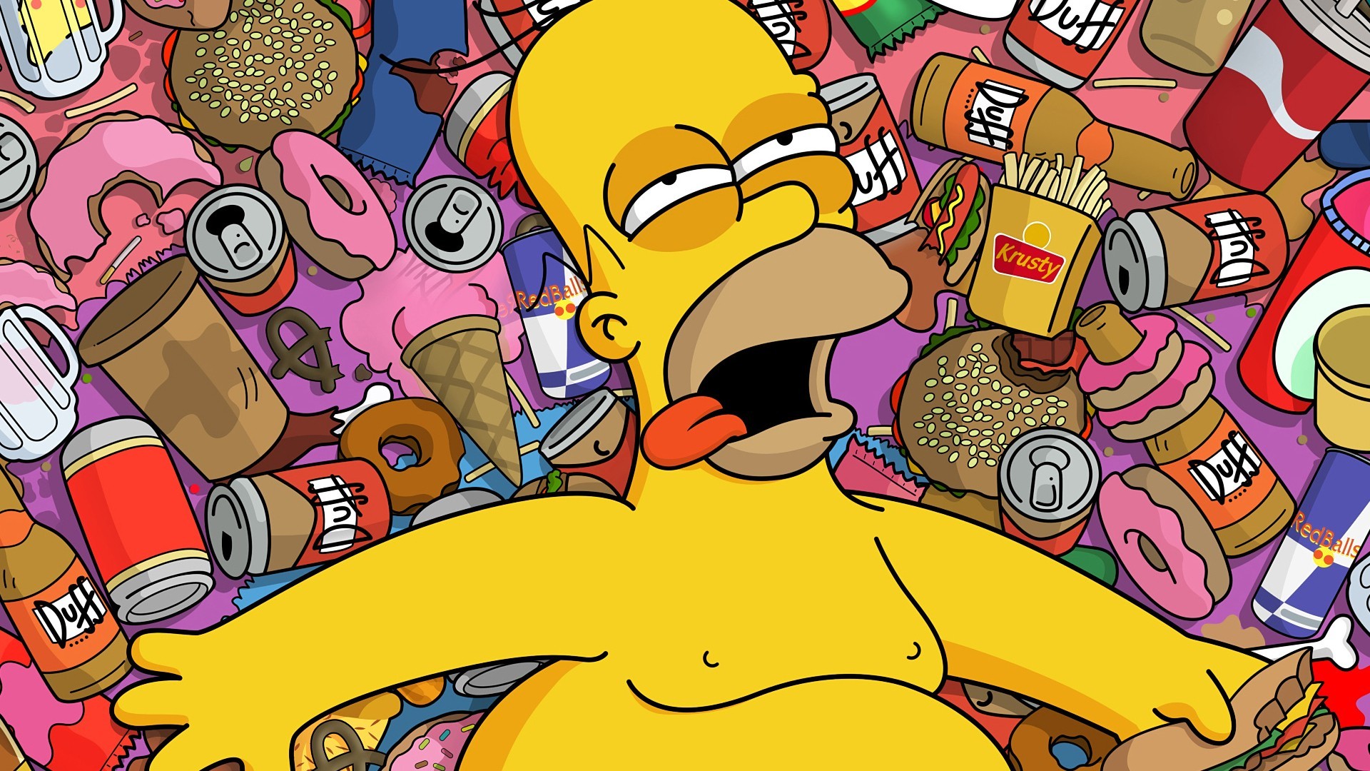 General 1920x1080 Homer Simpson The Simpsons food Duff cartoon TV series tongues tongue out beer sweets ice cream fries can bottles sandwiches