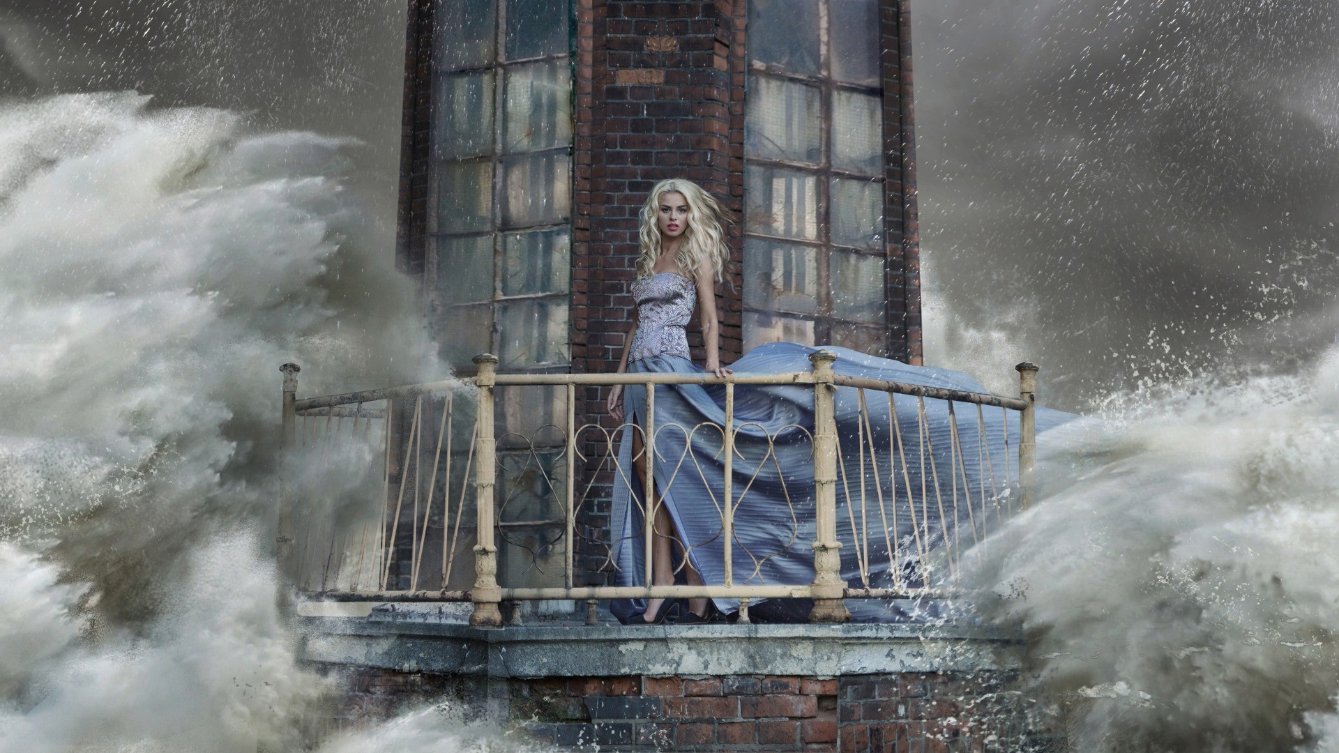 People 1920x1080 blonde water women lighthouse storm sea waves legs standing