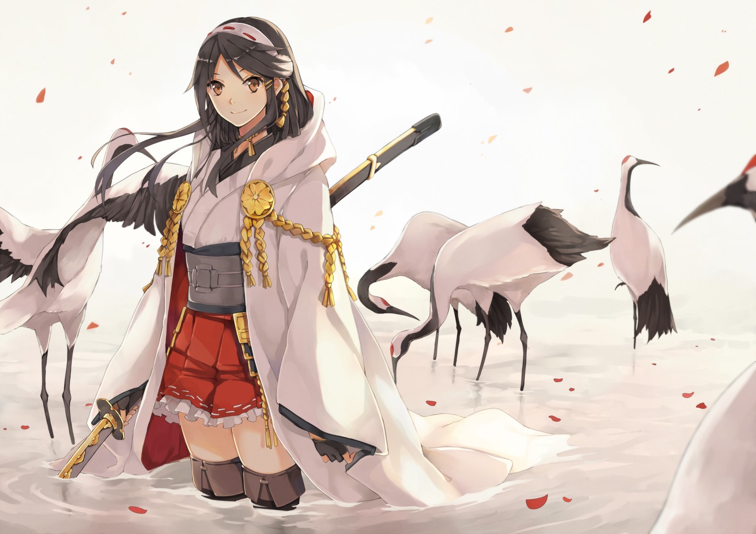 Anime 1530x1080 birds animals brown eyes anime girls anime Kantai Collection fantasy art fantasy girl dark hair smiling in water women with swords sword weapon looking at viewer simple background white background