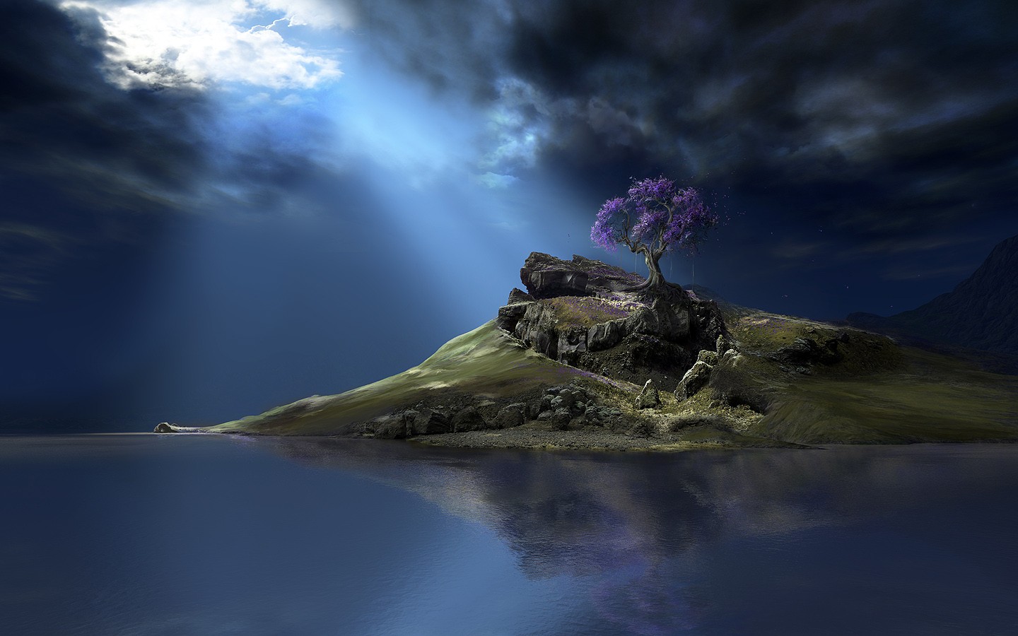 General 1440x900 digital art CGI nature hills mountains rocks trees water clouds sunlight reflection landscape
