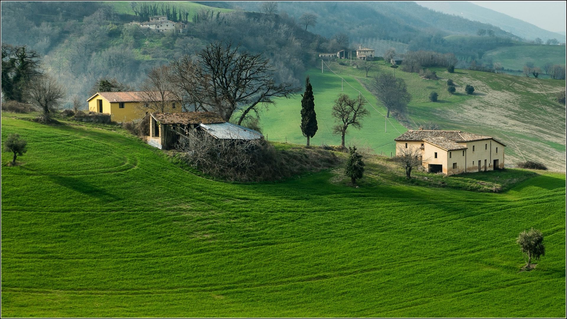 General 1920x1080 nature landscape hills house grass Italy trees forest field mist old building green