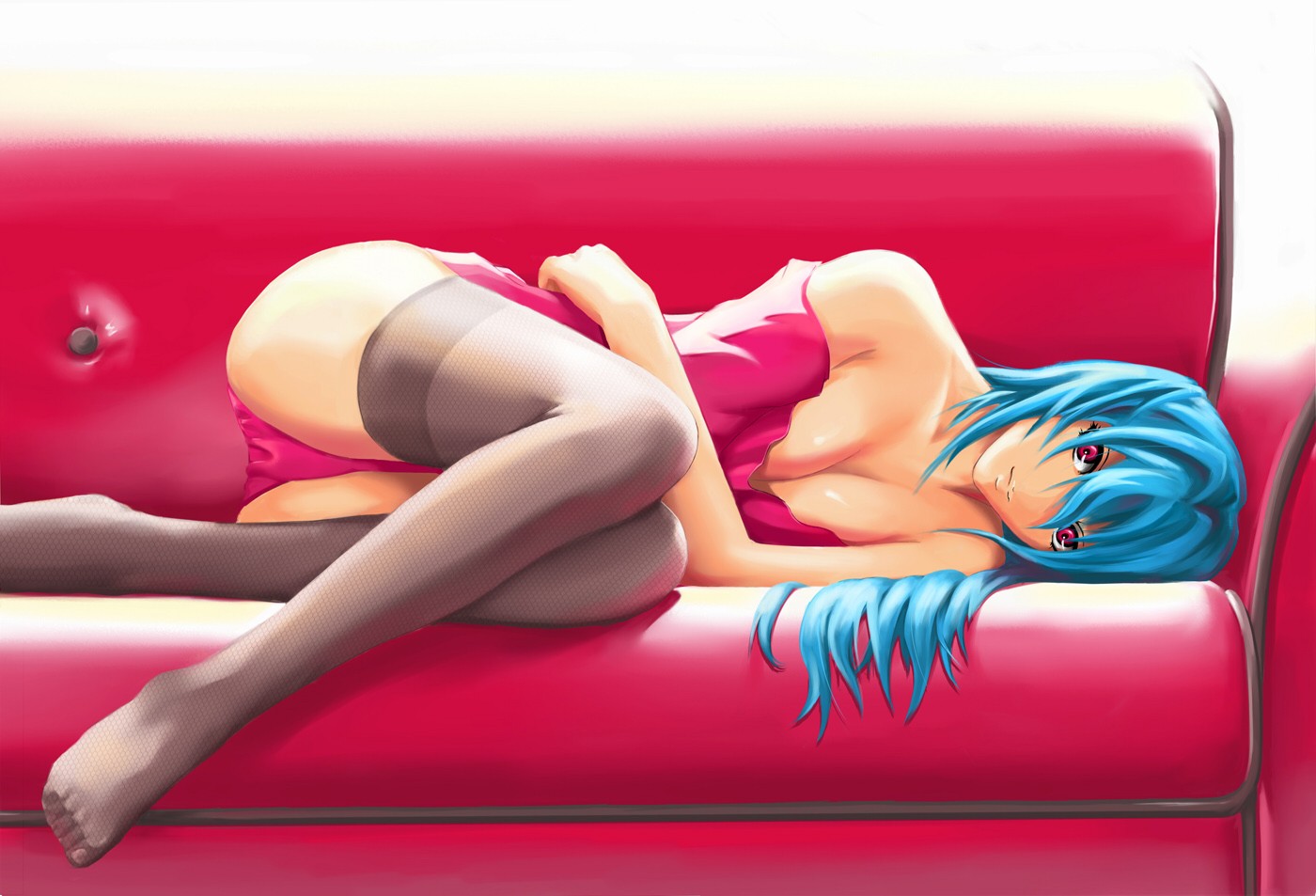 Anime 1400x953 anime girls anime panties couch long hair blue hair cleavage thigh-highs stockings cyan hair boobs lying down looking at viewer ass
