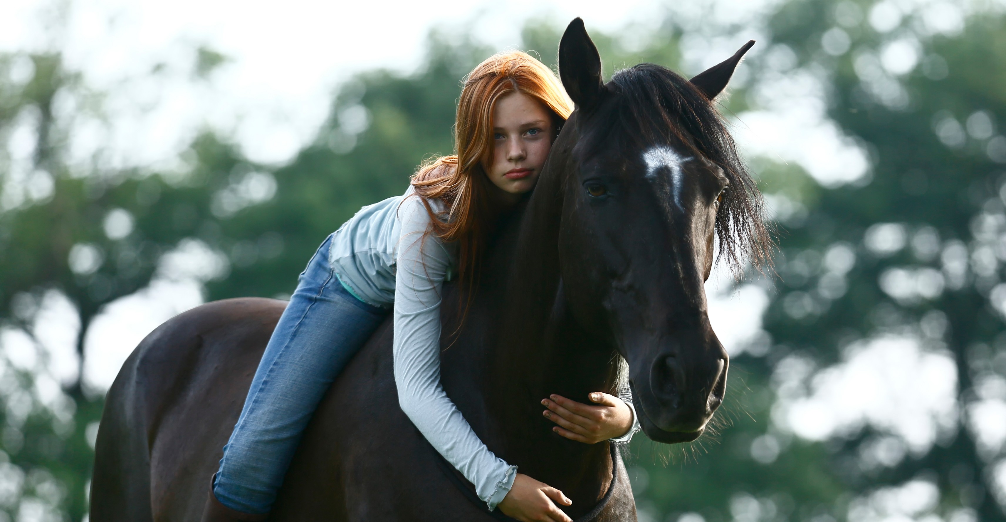People 3425x1777 women model long hair redhead women outdoors nature animals horse horse riding trees blue eyes jeans looking at viewer hugging women with horse mammals