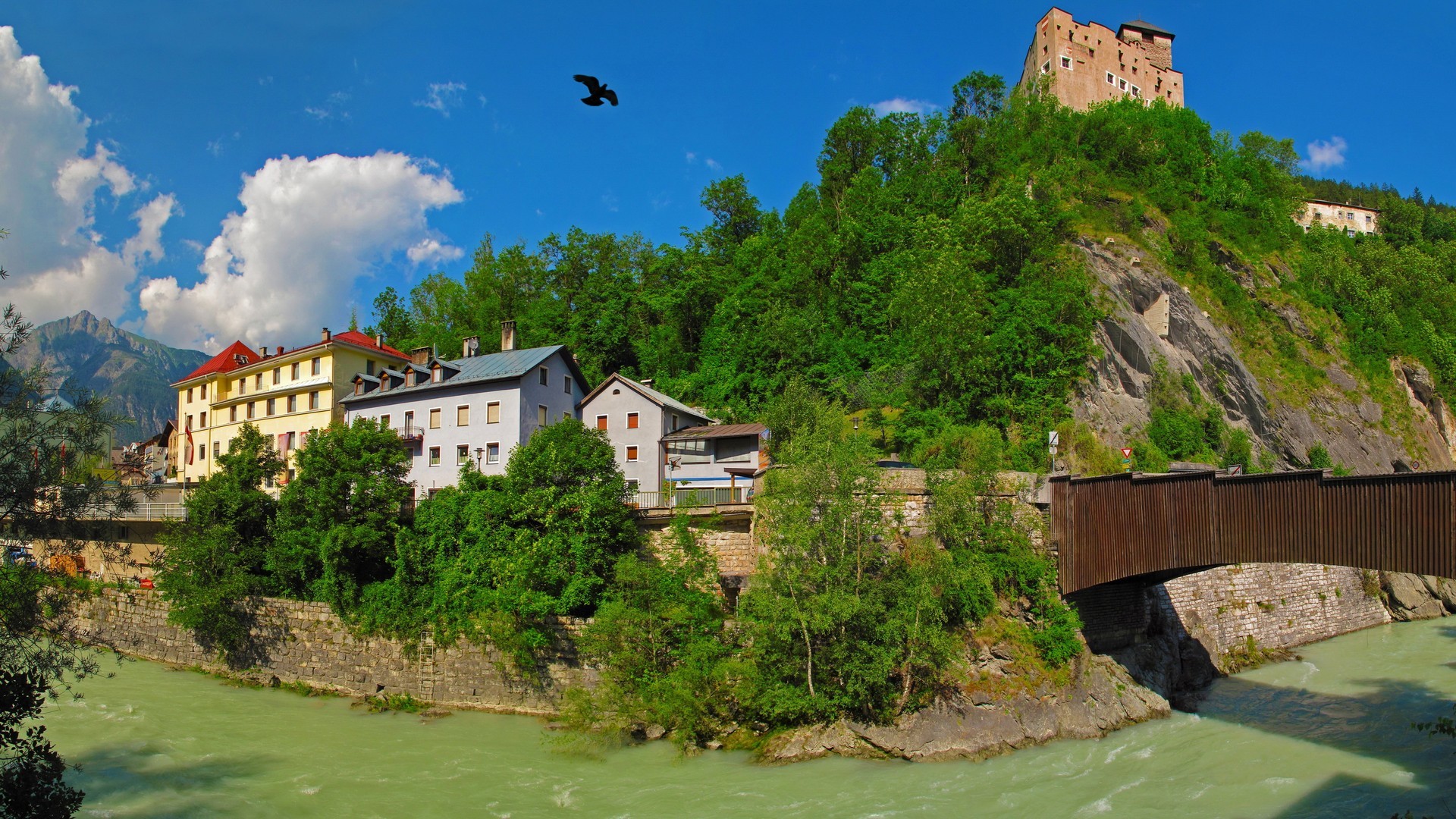 General 1920x1080 river town Tyrol bridge clouds sky birds outdoors
