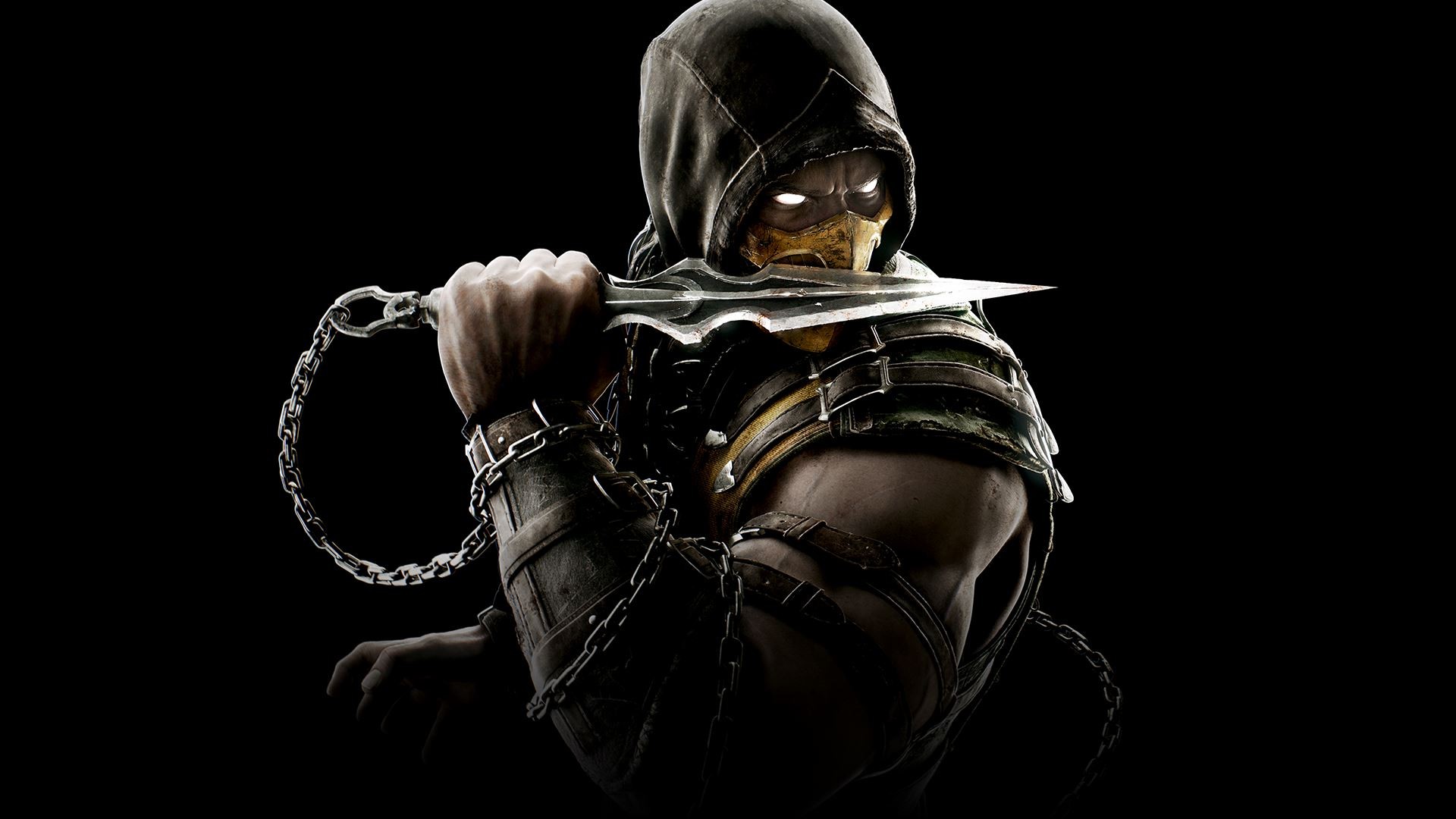 General 1920x1080 Mortal Kombat mortal kombat 10 Mortal Kombat X video game characters video game warriors simple background video games black background Scorpion (Mortal Kombat) glowing eyes weapon hoods mask