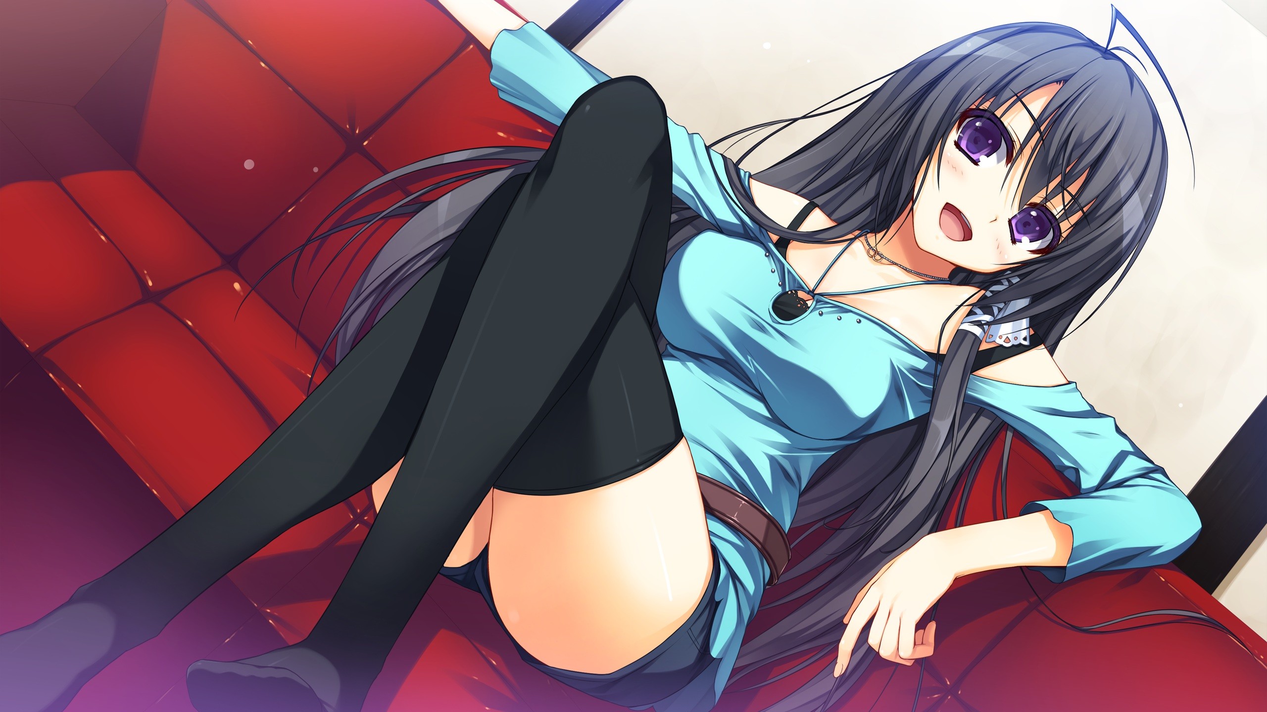 Anime 2560x1440 anime anime girls stockings purple eyes legs long hair Tomose Shunsaku Reminiscence Mizuno Rin legs crossed looking at viewer open mouth couch indoors women women indoors