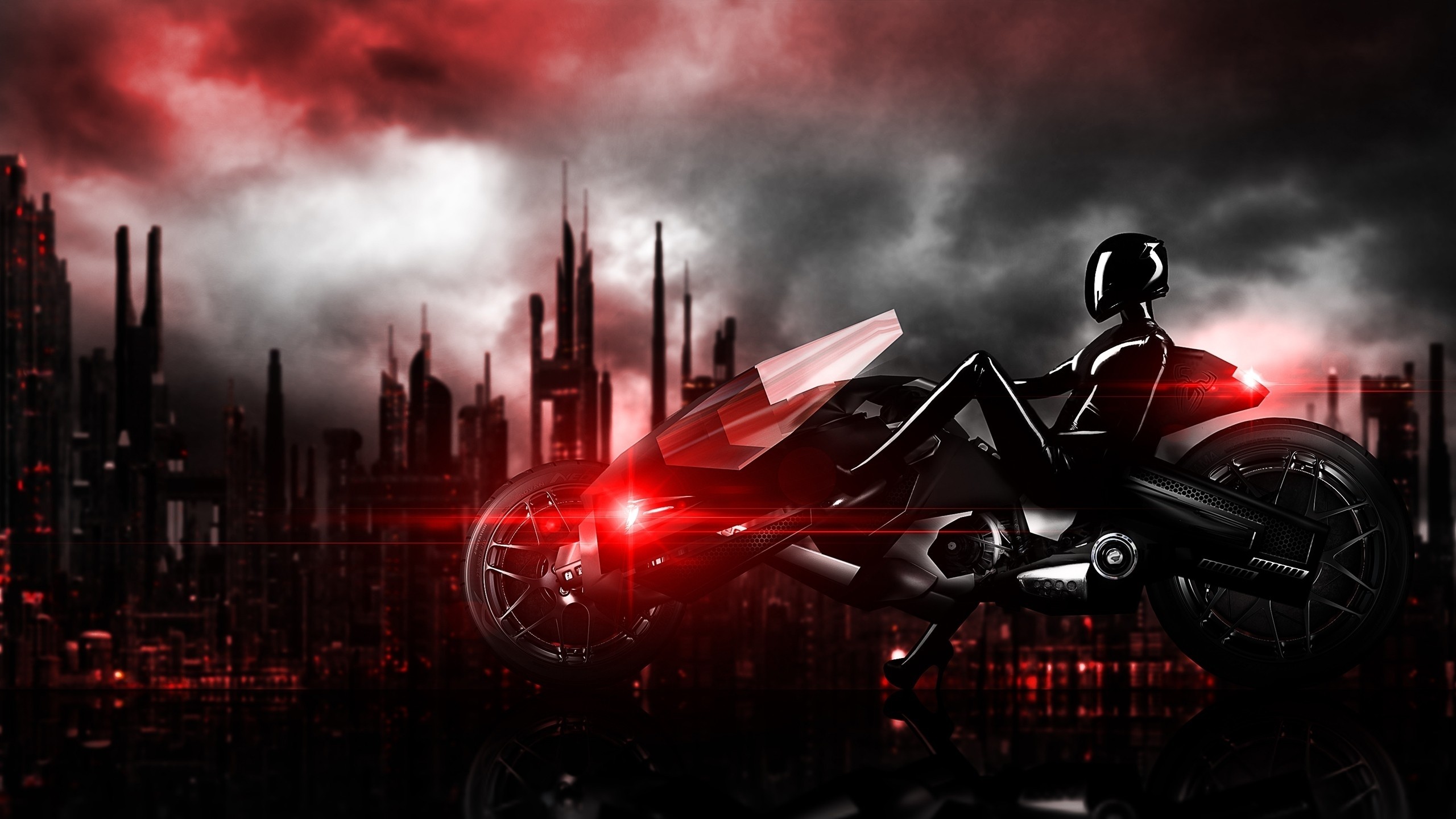 General 2560x1440 futuristic cyberpunk motorcycle latex bodysuit science fiction vehicle digital art