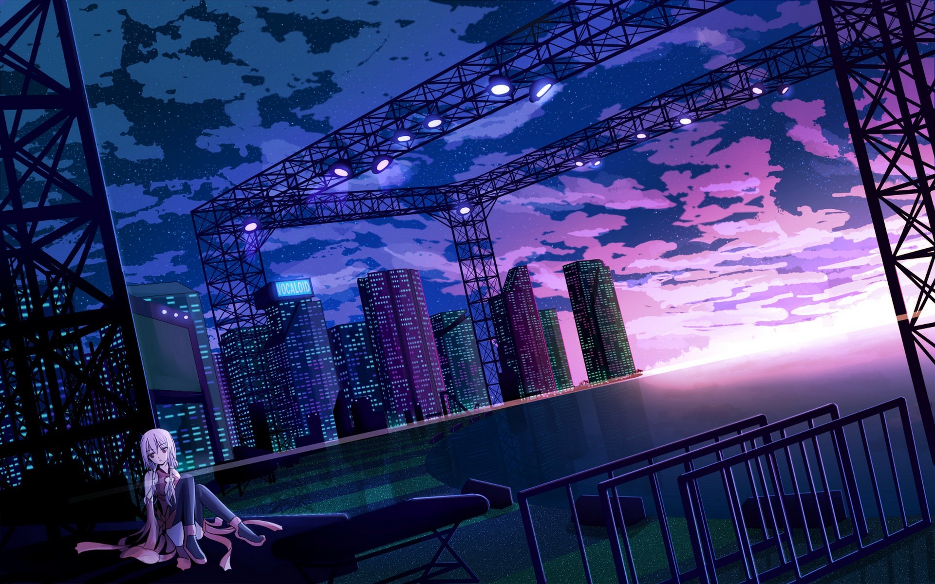 Anime 1920x1200 anime Guilty Crown anime girls Yuzuriha Inori city cityscape sky sitting looking at viewer clouds building lights long hair