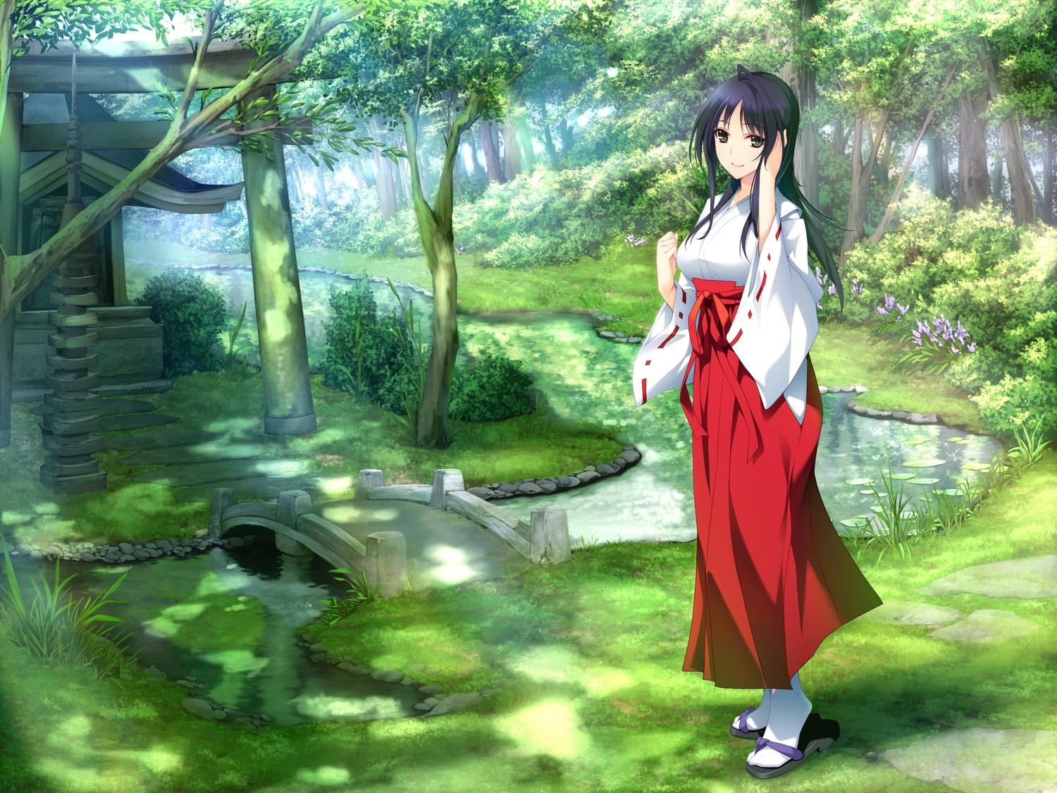 Anime 1500x1125 anime girls kimono nature anime women outdoors outdoors looking at viewer garden dark hair