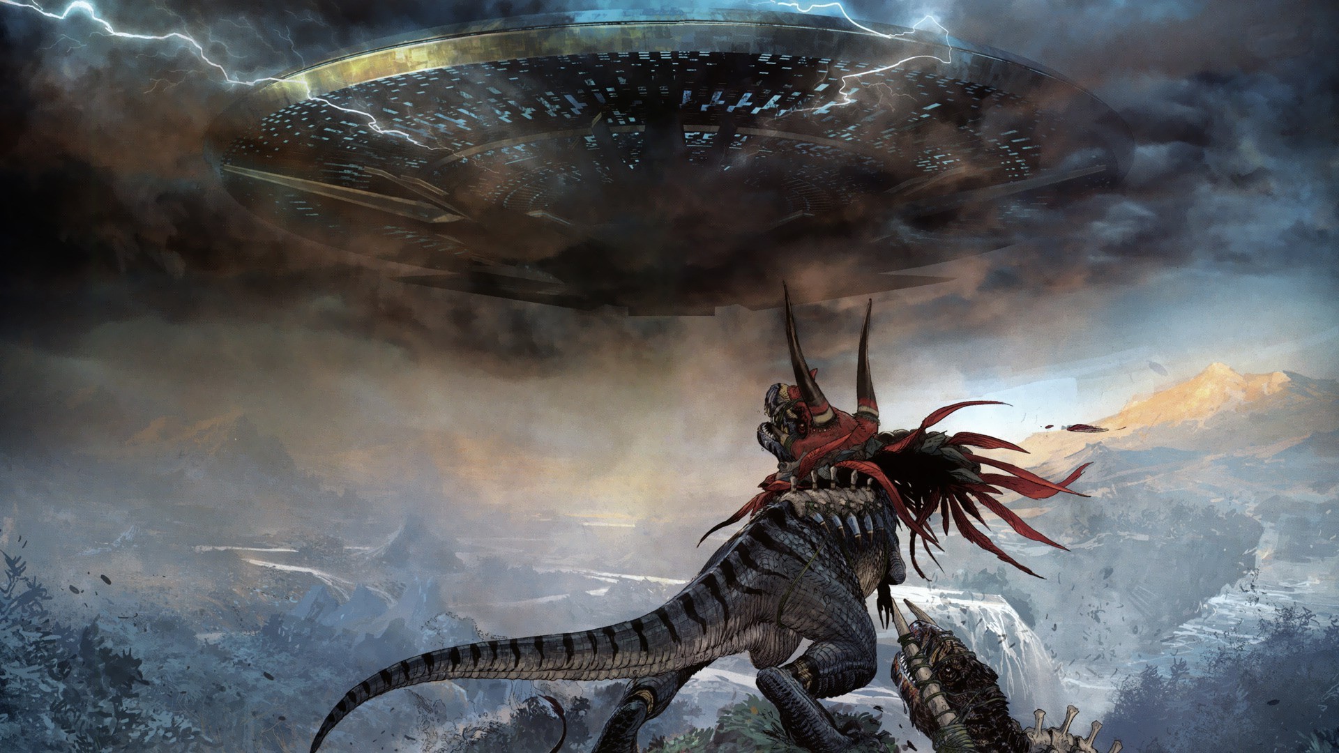 General 1920x1080 artwork digital art fantasy art concept art dinosaurs aliens Space Invaders Grant Morrison