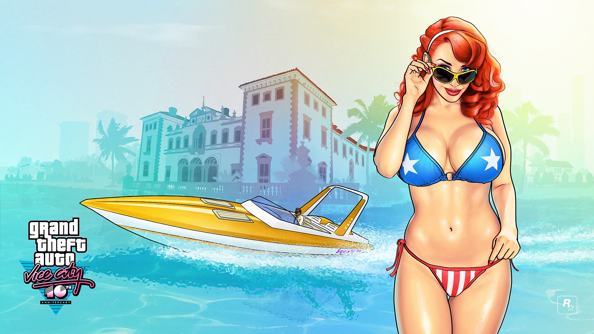 General 1920x1080 Grand Theft Auto boat USA bikini Grand Theft Auto: Vice City big boobs redhead women Rockstar Games boobs belly women with shades sunglasses curvy vehicle video game art standing