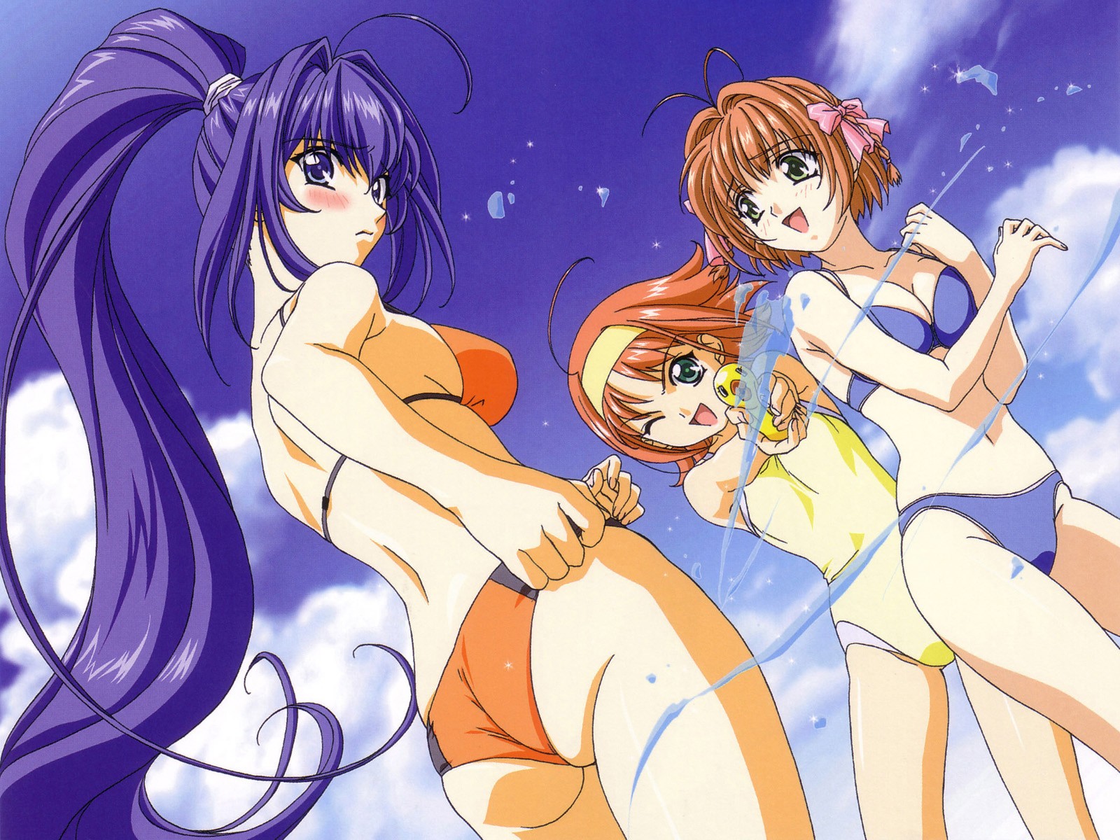 Anime 1600x1200 Hayase Mitsuki Suzumiya Haruka ass anime girls anime women trio purple hair long hair bikini blue bikini orange bikini swimwear