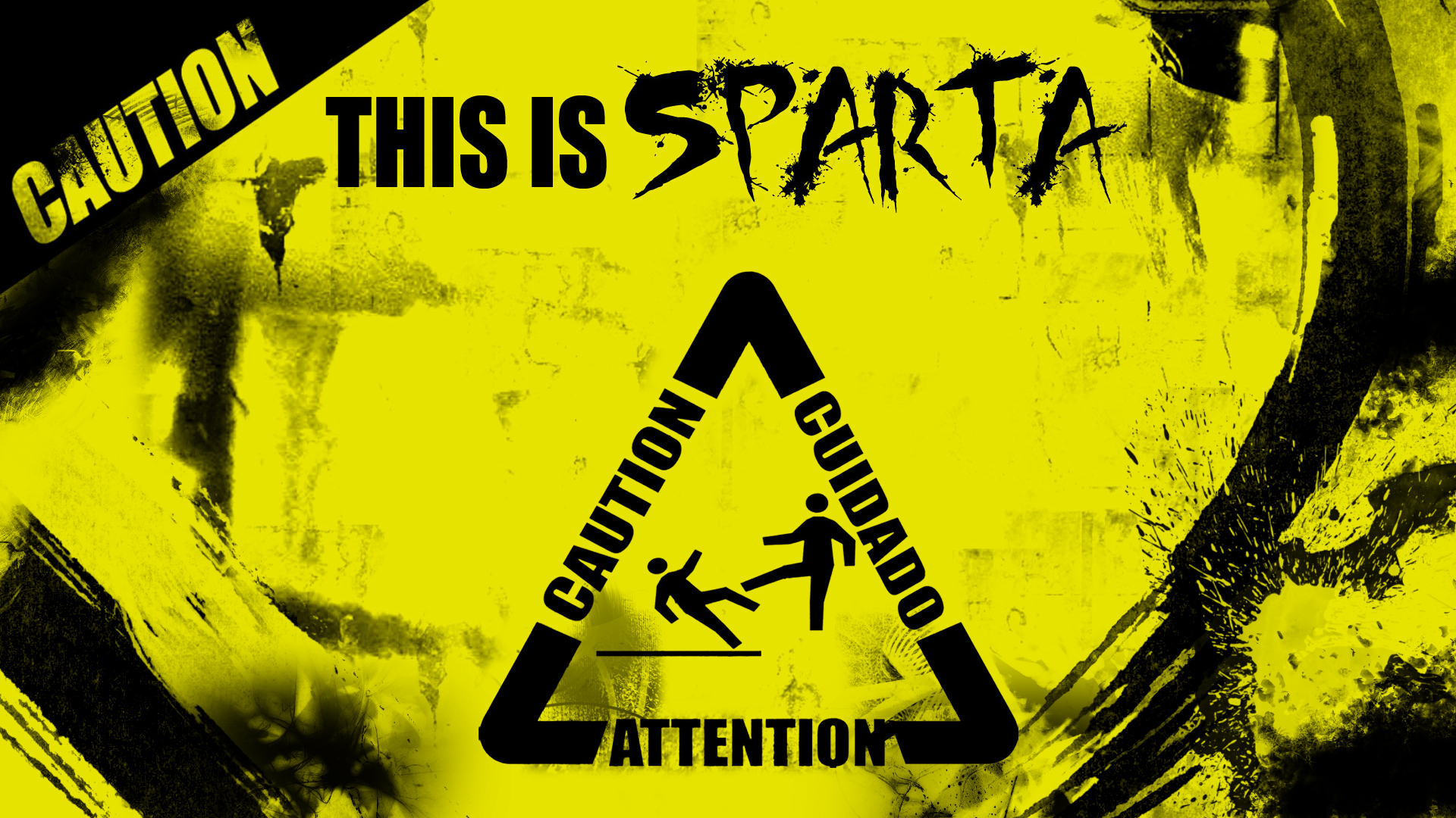 General 1920x1080 300 warning signs digital art yellow humor triangle Sparta yellow background grunge typography