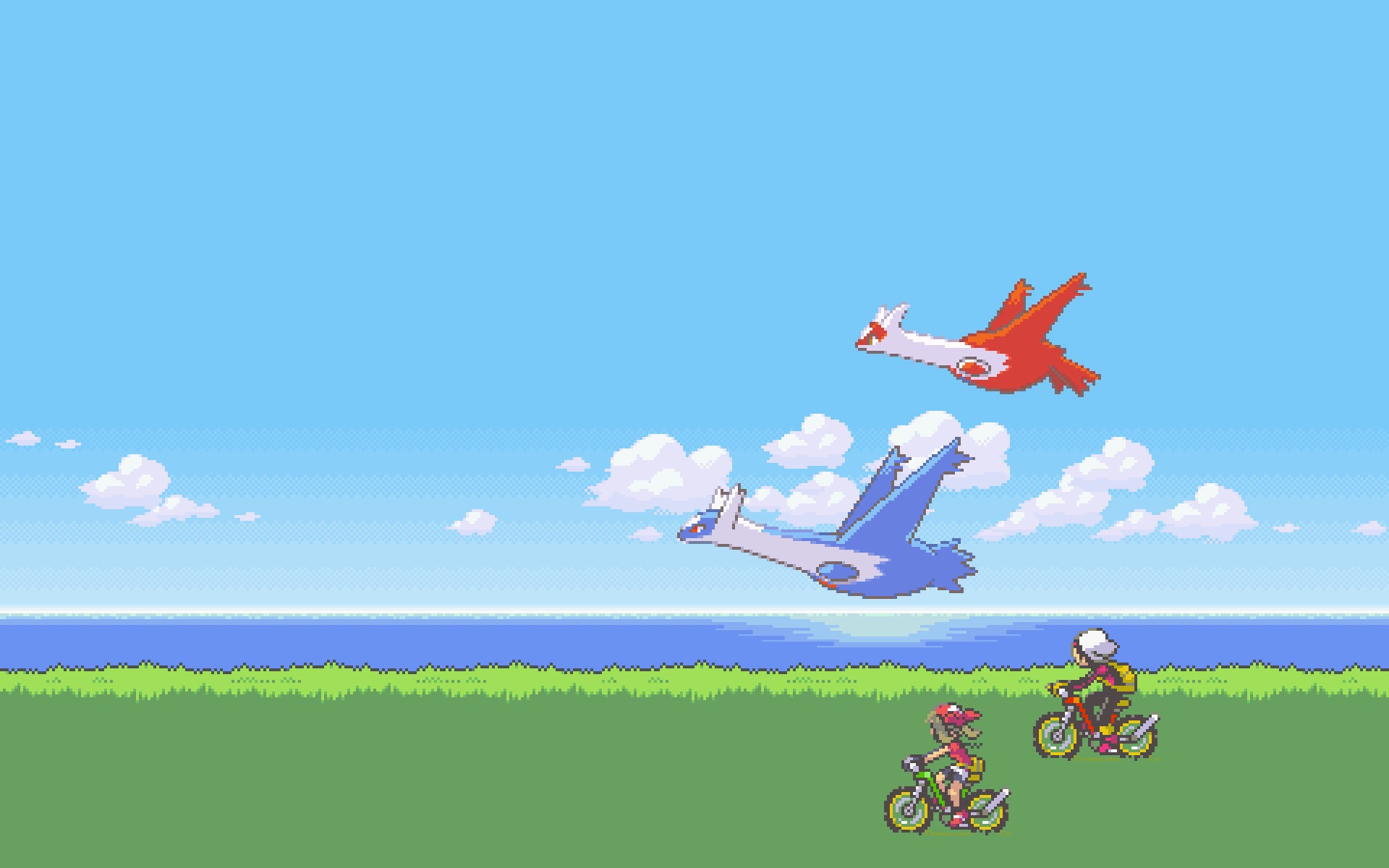 Anime 1920x1200 pixels video games Pokémon Latias Latios May (pokemon) sky clouds bicycle grass hat pixel art