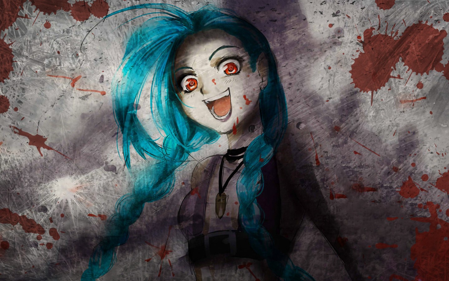 General 1440x900 Jinx (League of Legends) League of Legends PC gaming blue hair open mouth red eyes video game art video game girls looking at viewer long hair blood blood spatter video game characters